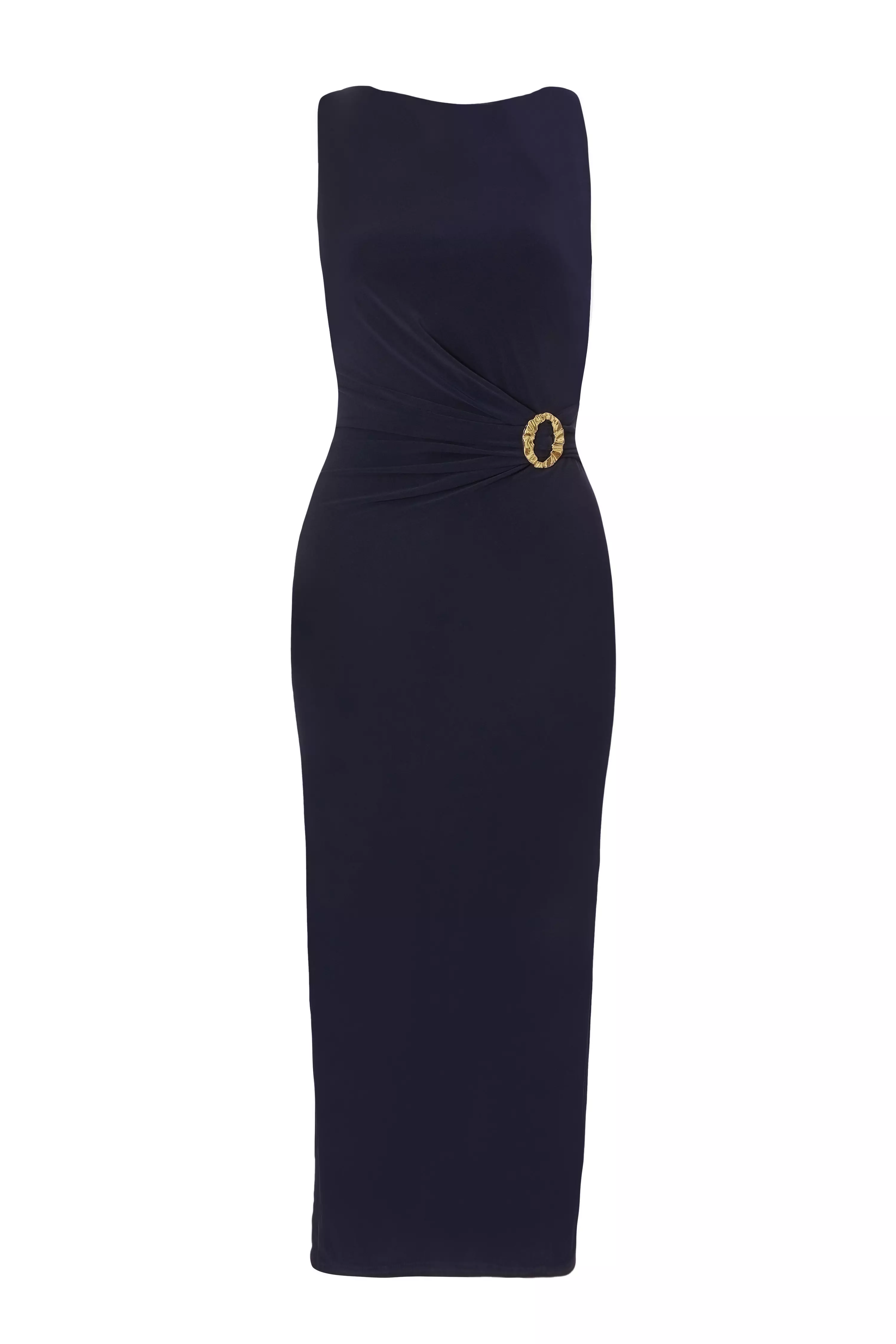 Petite Navy Buckle Detail Midi Dress