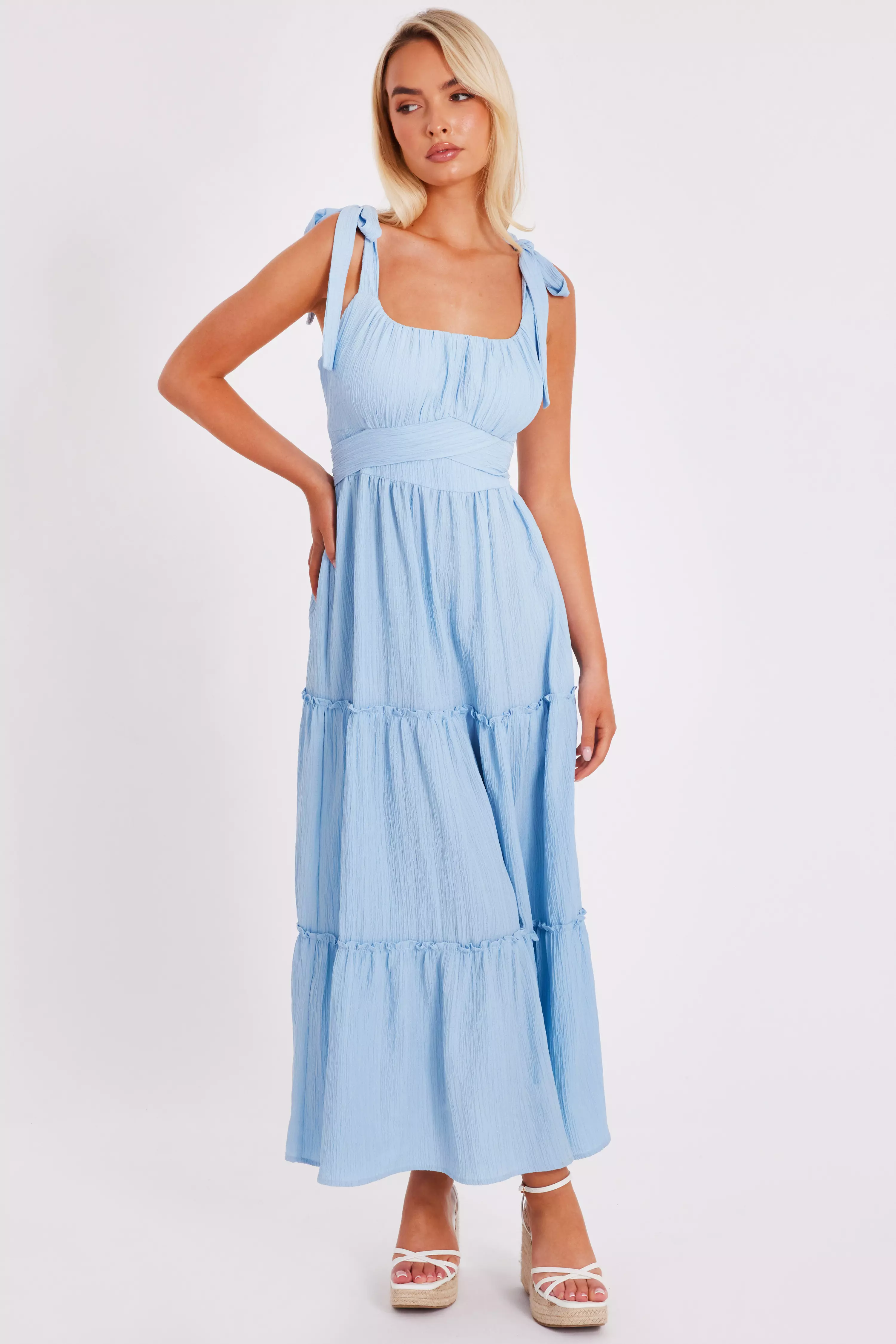 Pale Blue Crinkle Midaxi Dress