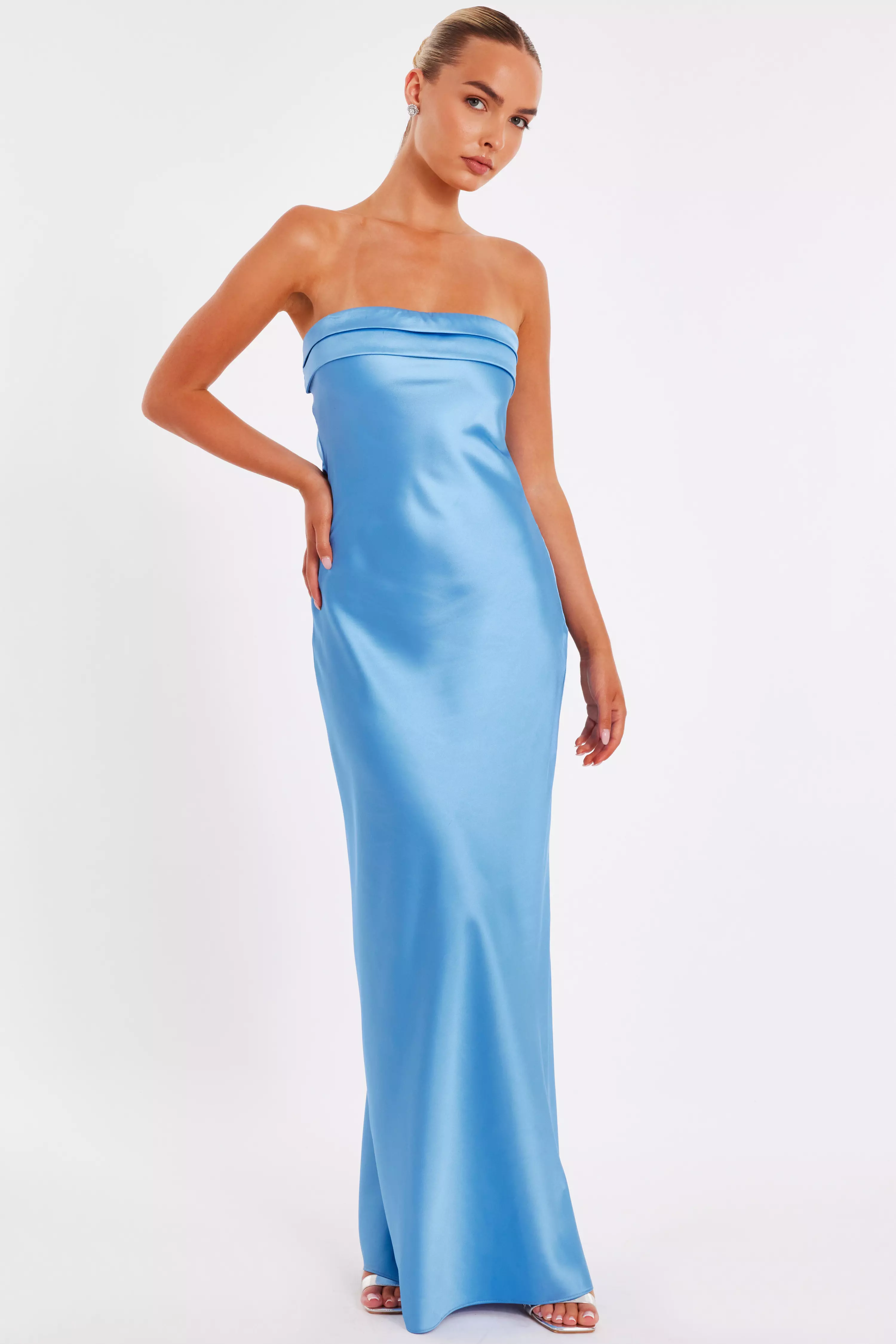 Blue Satin Bandeau Midaxi Dress