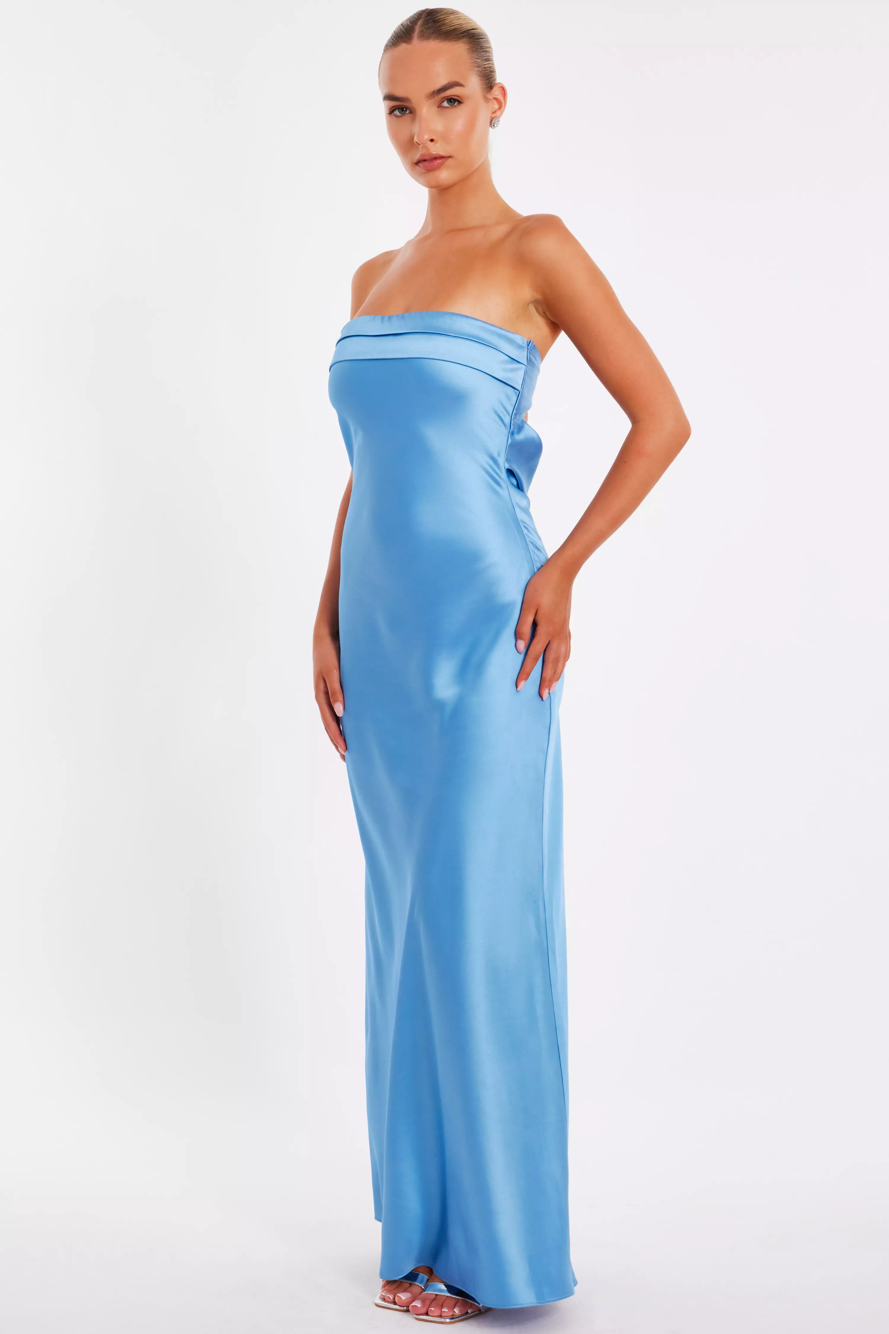 Blue Satin Bandeau Midaxi Dress