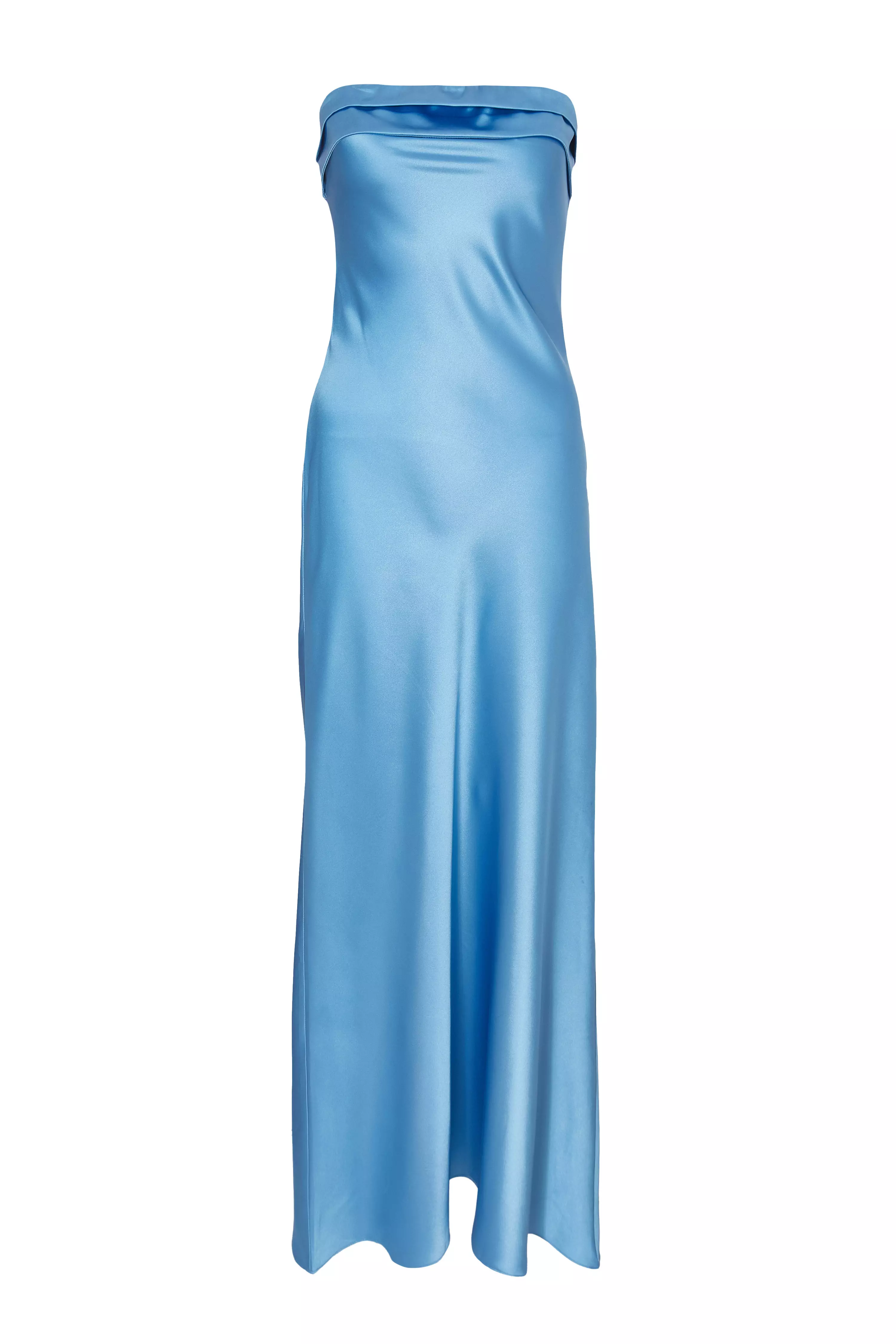 Blue Satin Bandeau Midaxi Dress