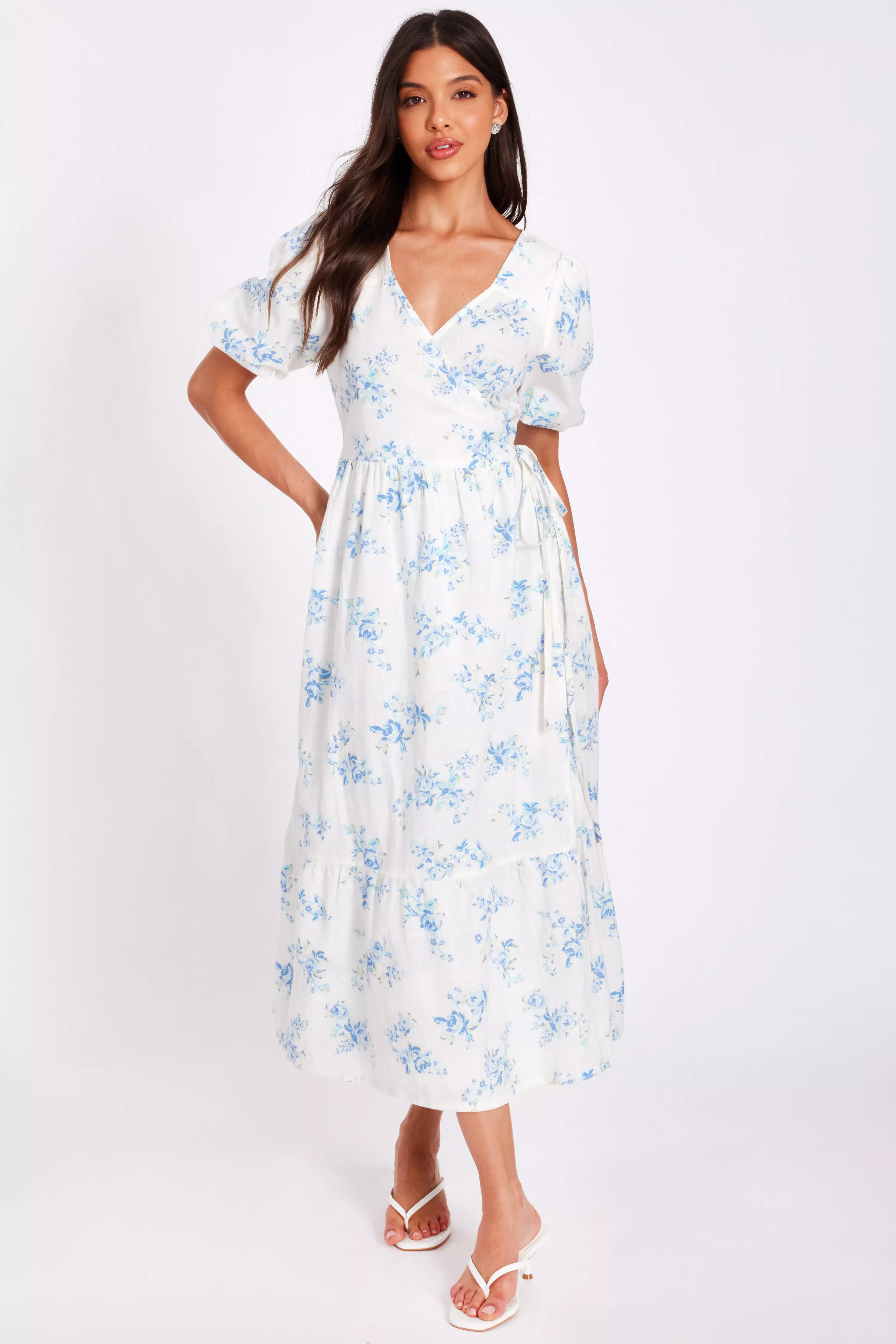 White Floral Wrap Midaxi Dress