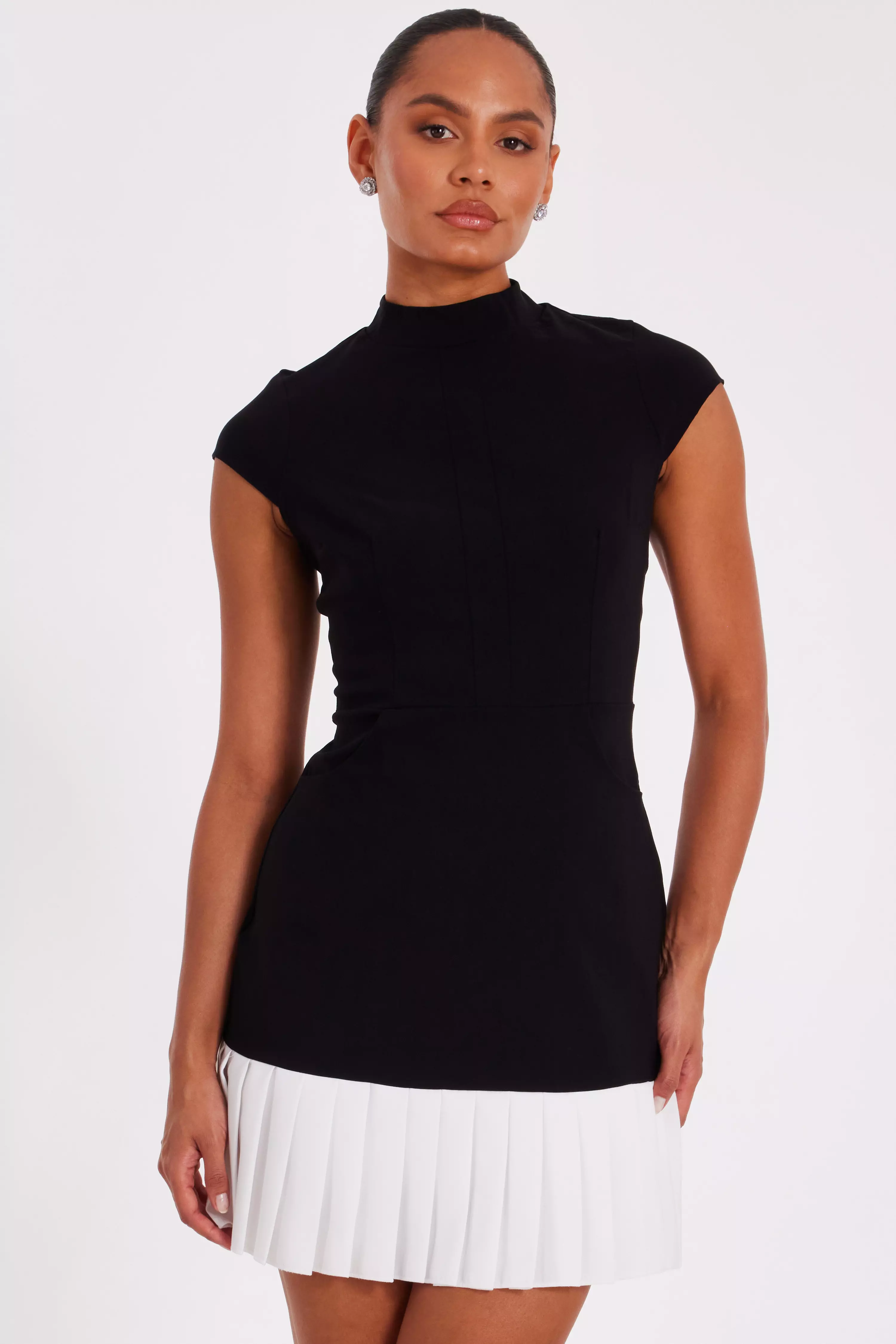 Black Contrast Pleated Mini Dress