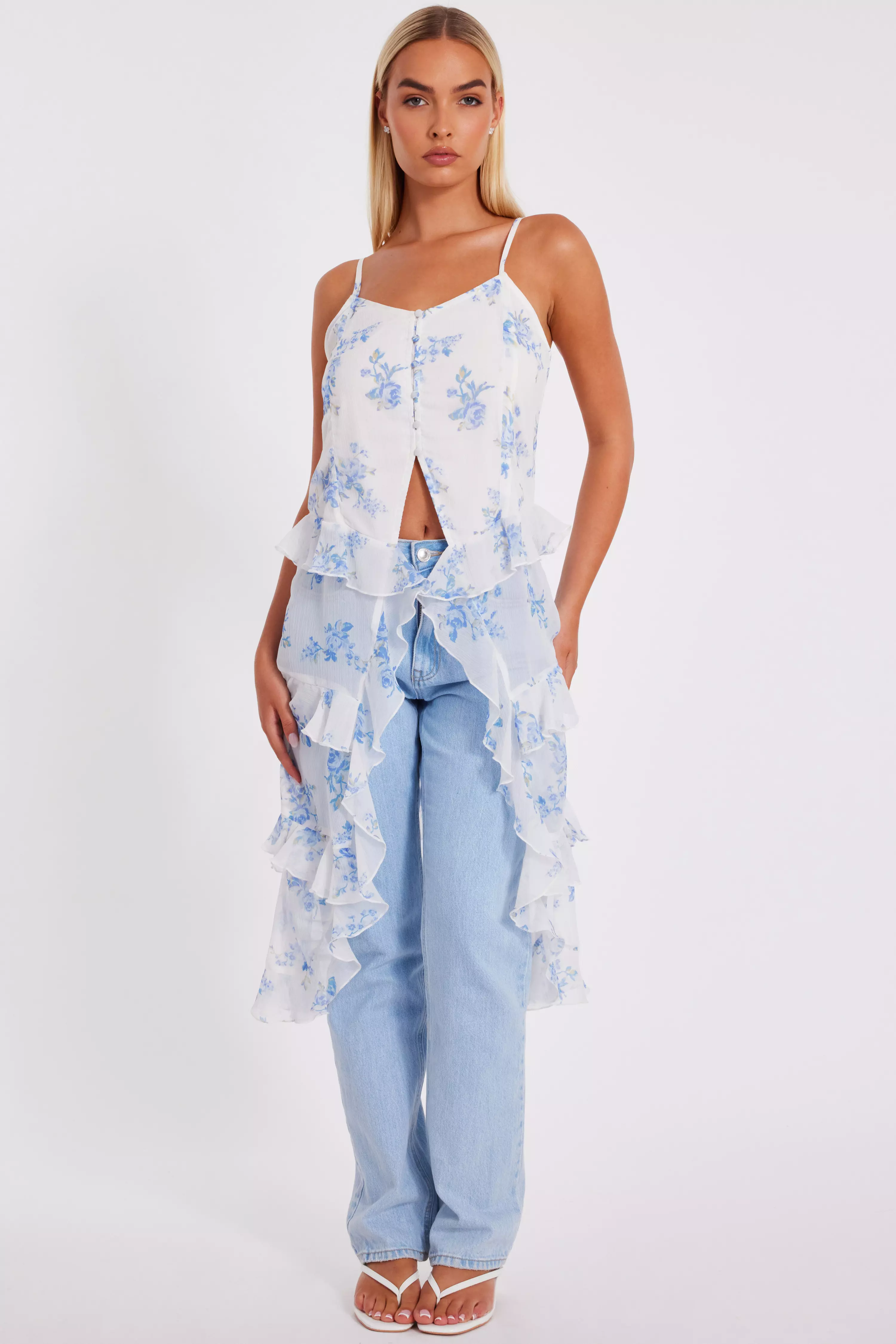 White Floral Long Ruffle Top