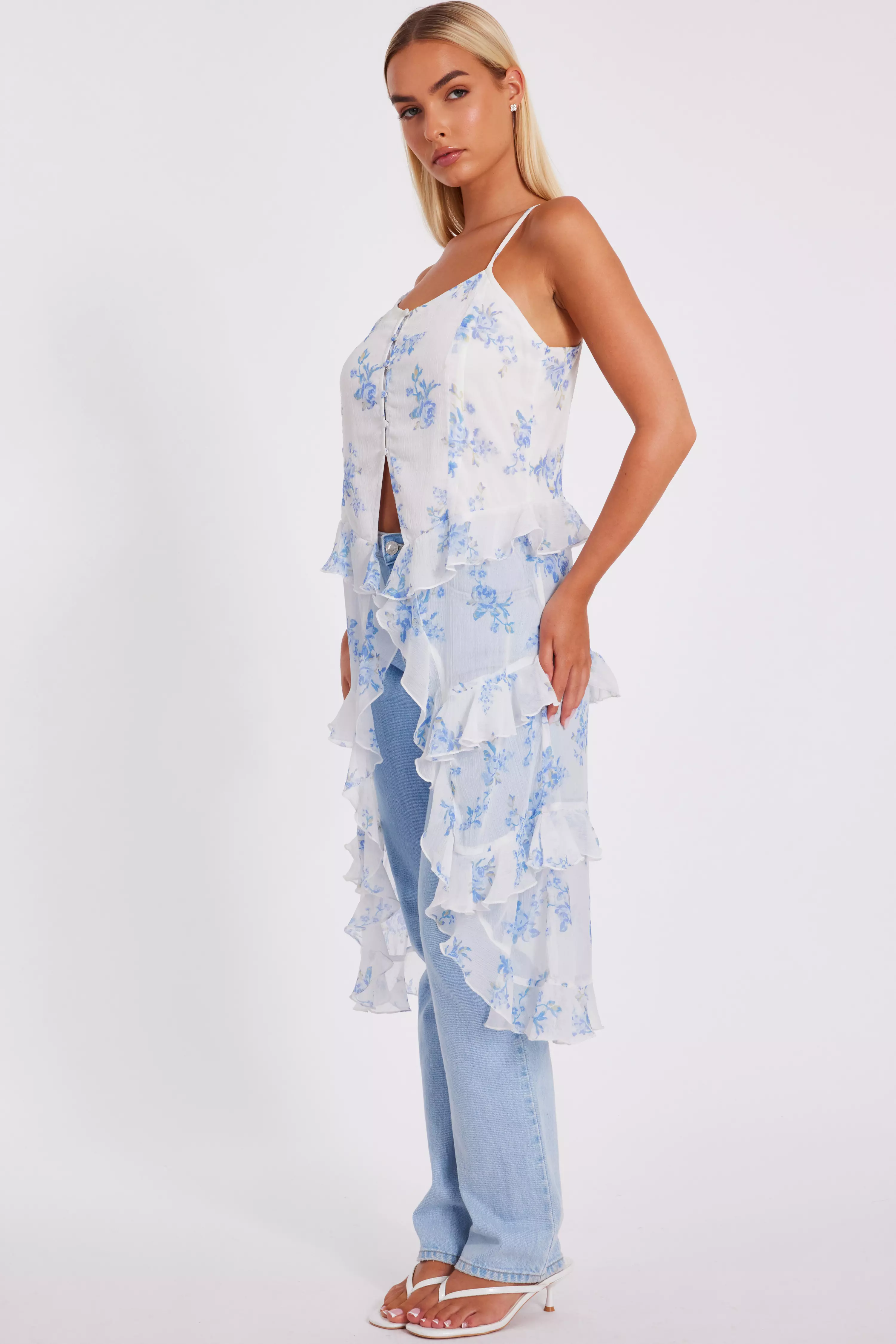 White Floral Long Ruffle Top