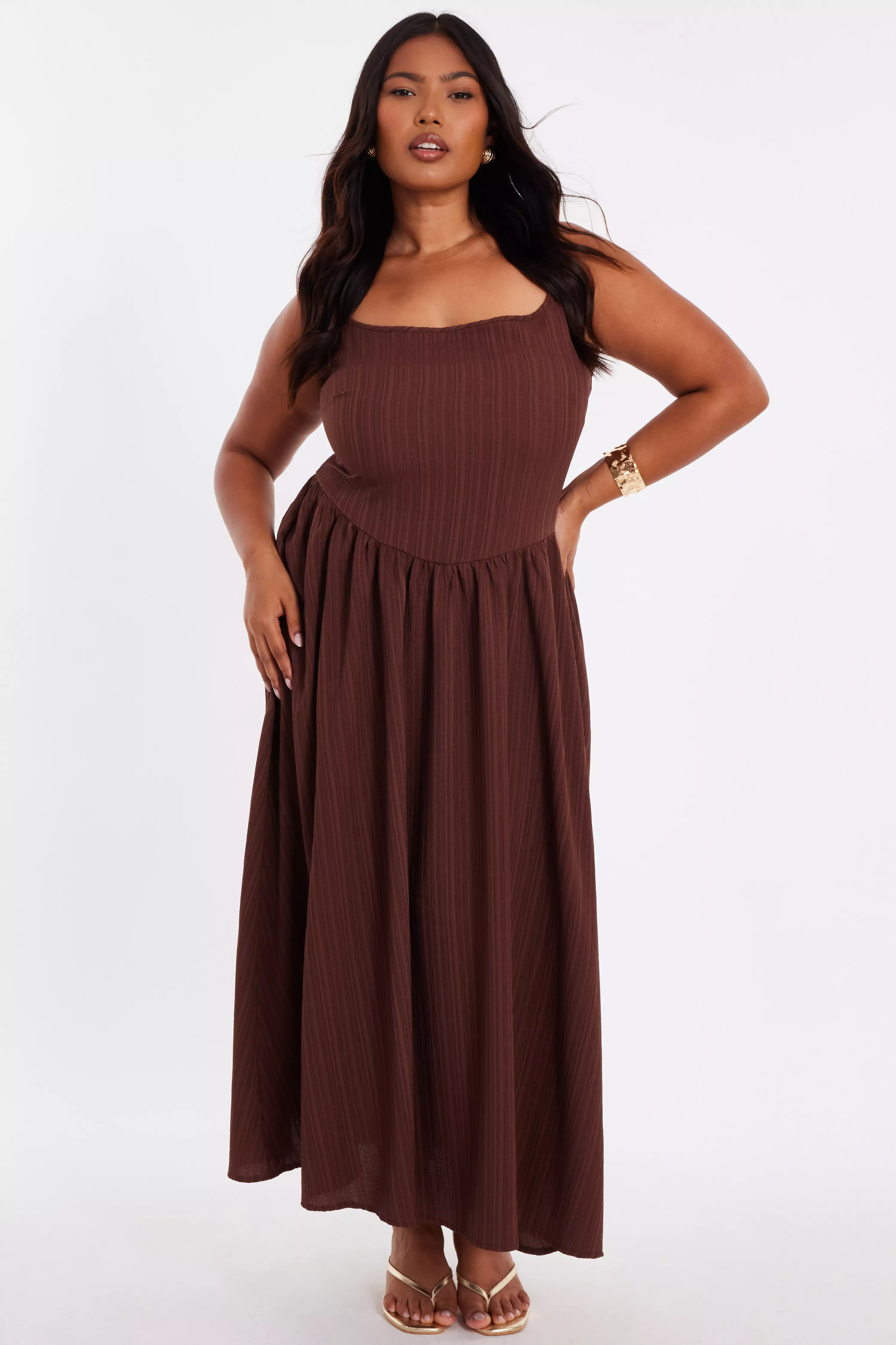 Curve Brown Drop Waist Midaxi Dress