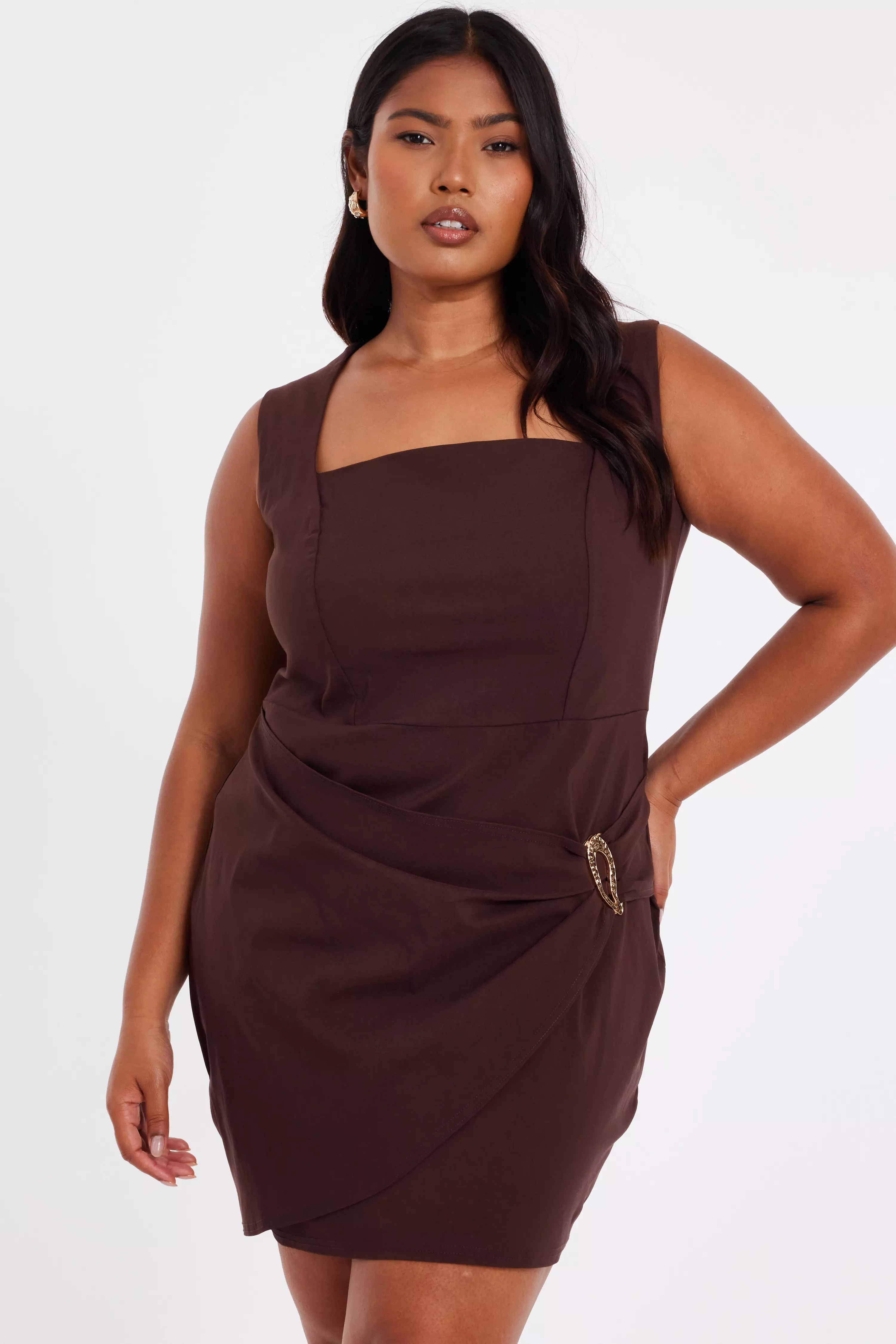 Curve Brown Square Neck Mini Dress