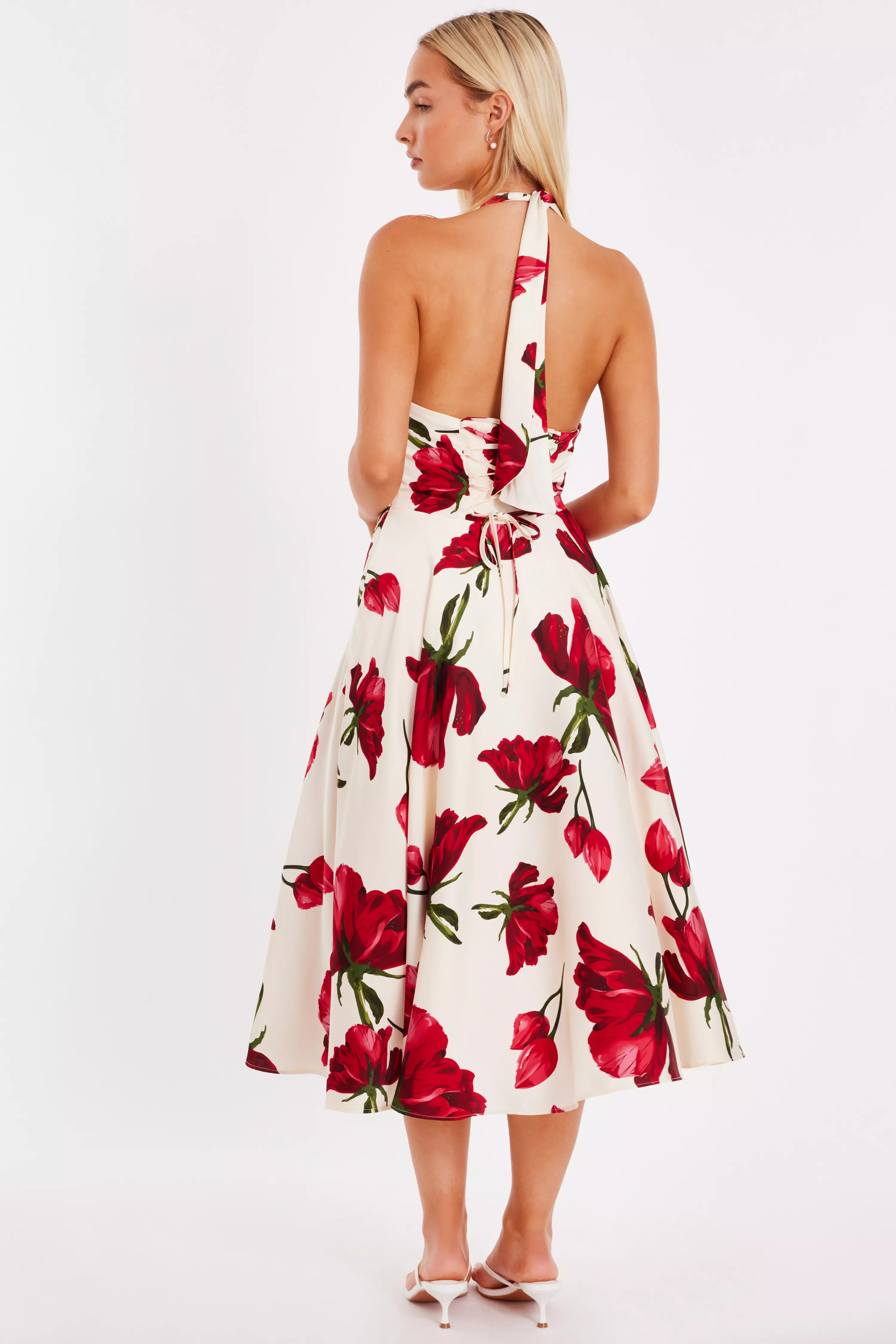 Cream Satin Rose Print Midi Dress