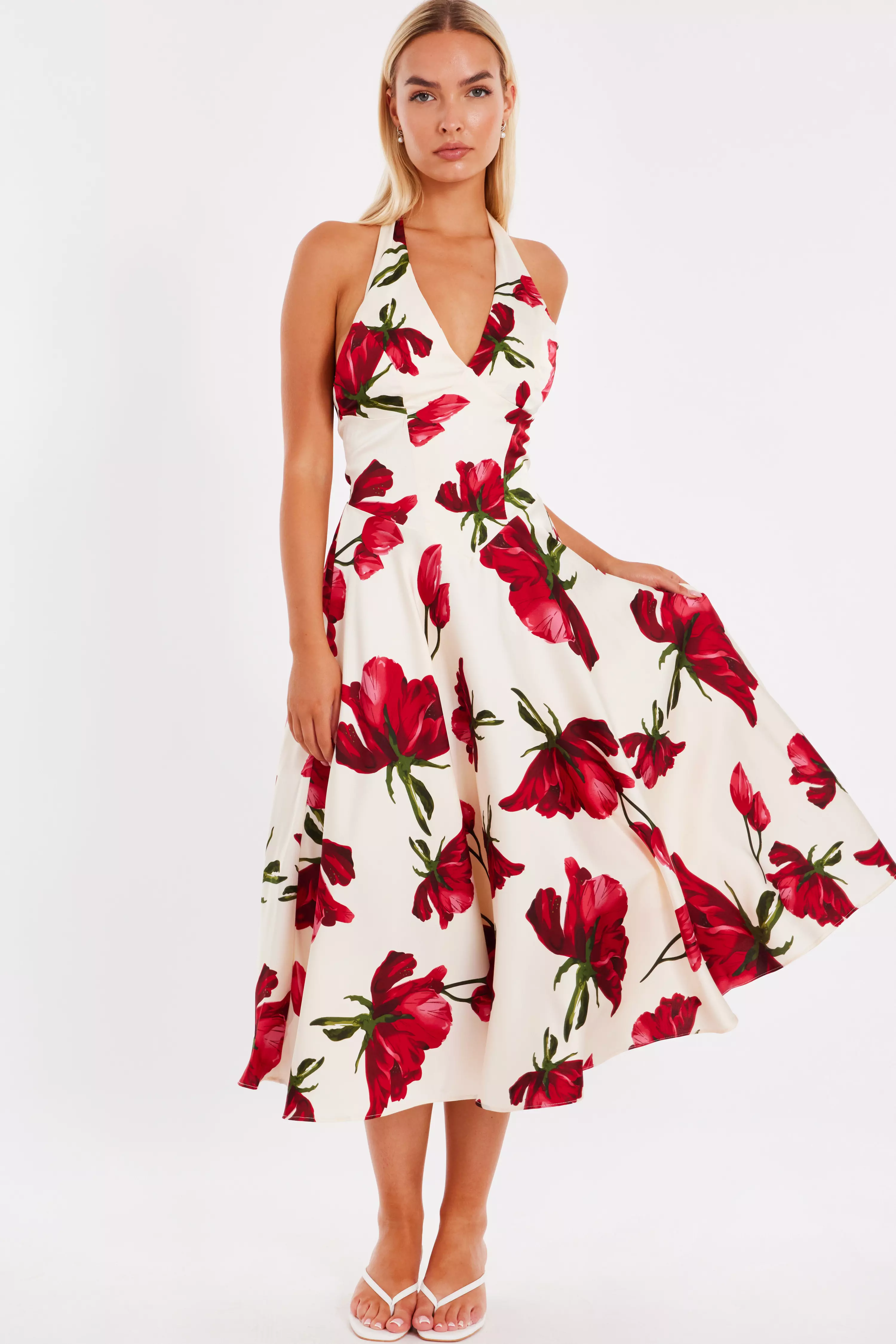 Cream Satin Rose Print Midi Dress