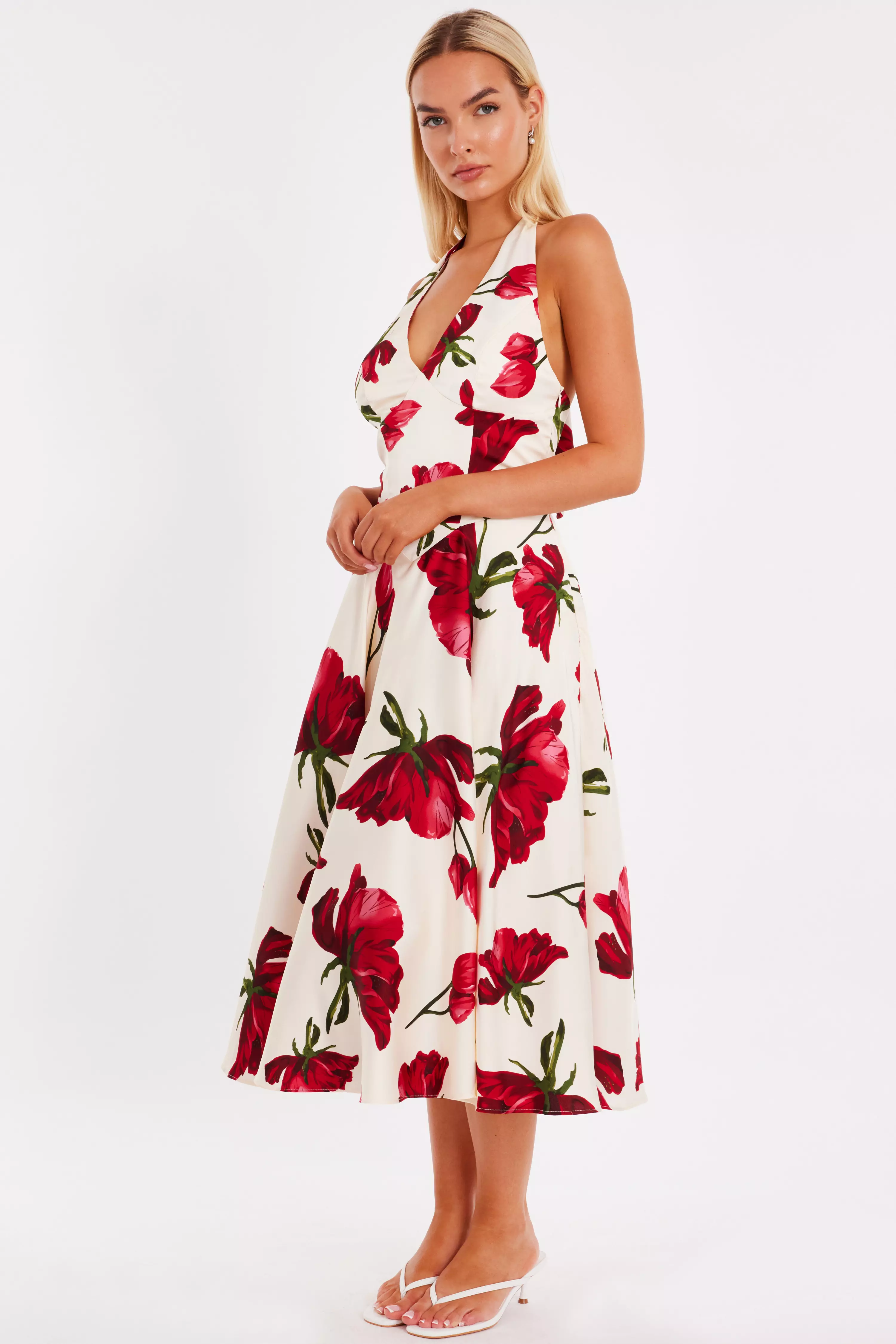 Cream Satin Rose Print Midi Dress