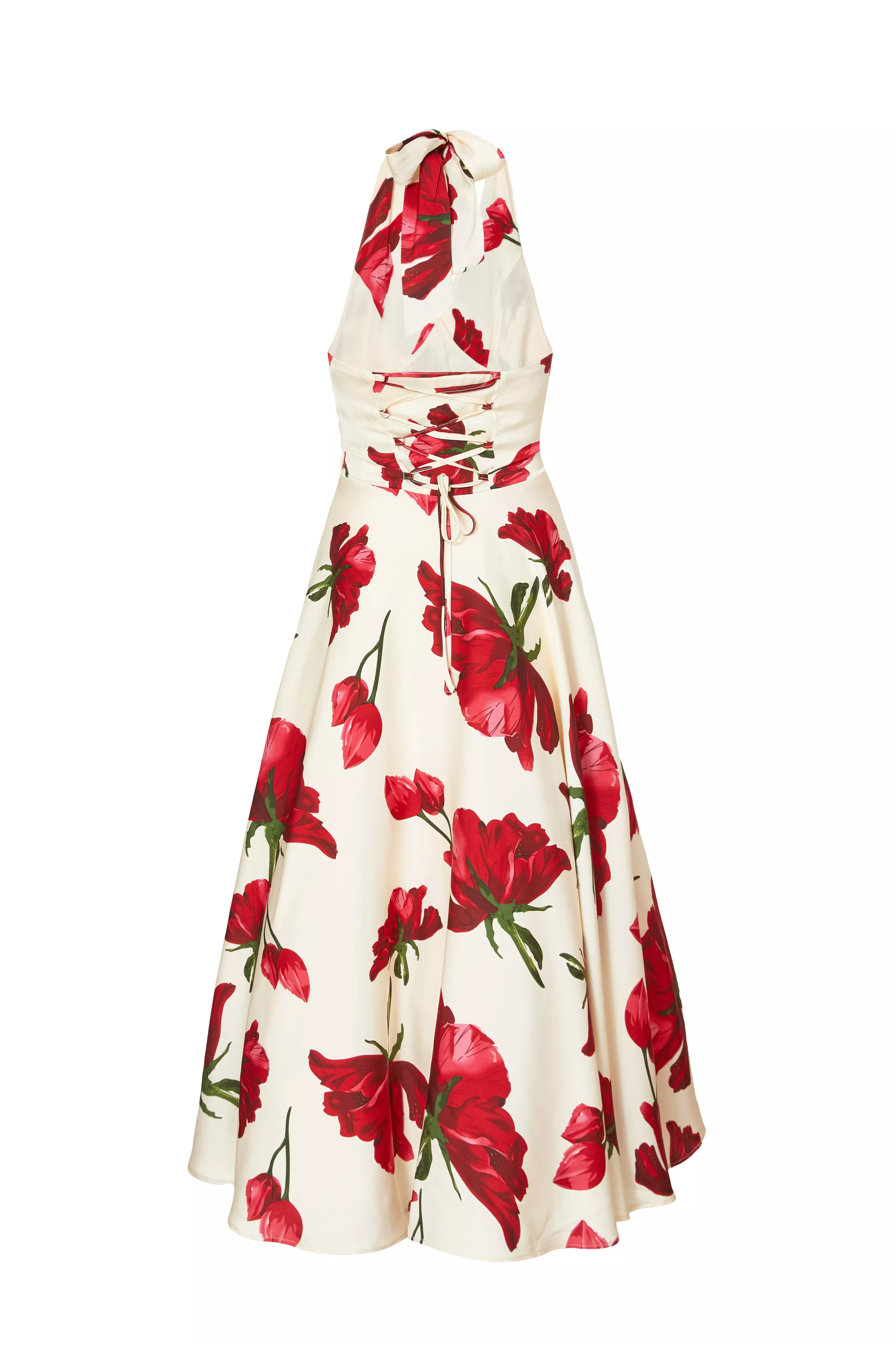 Cream Satin Rose Print Midi Dress