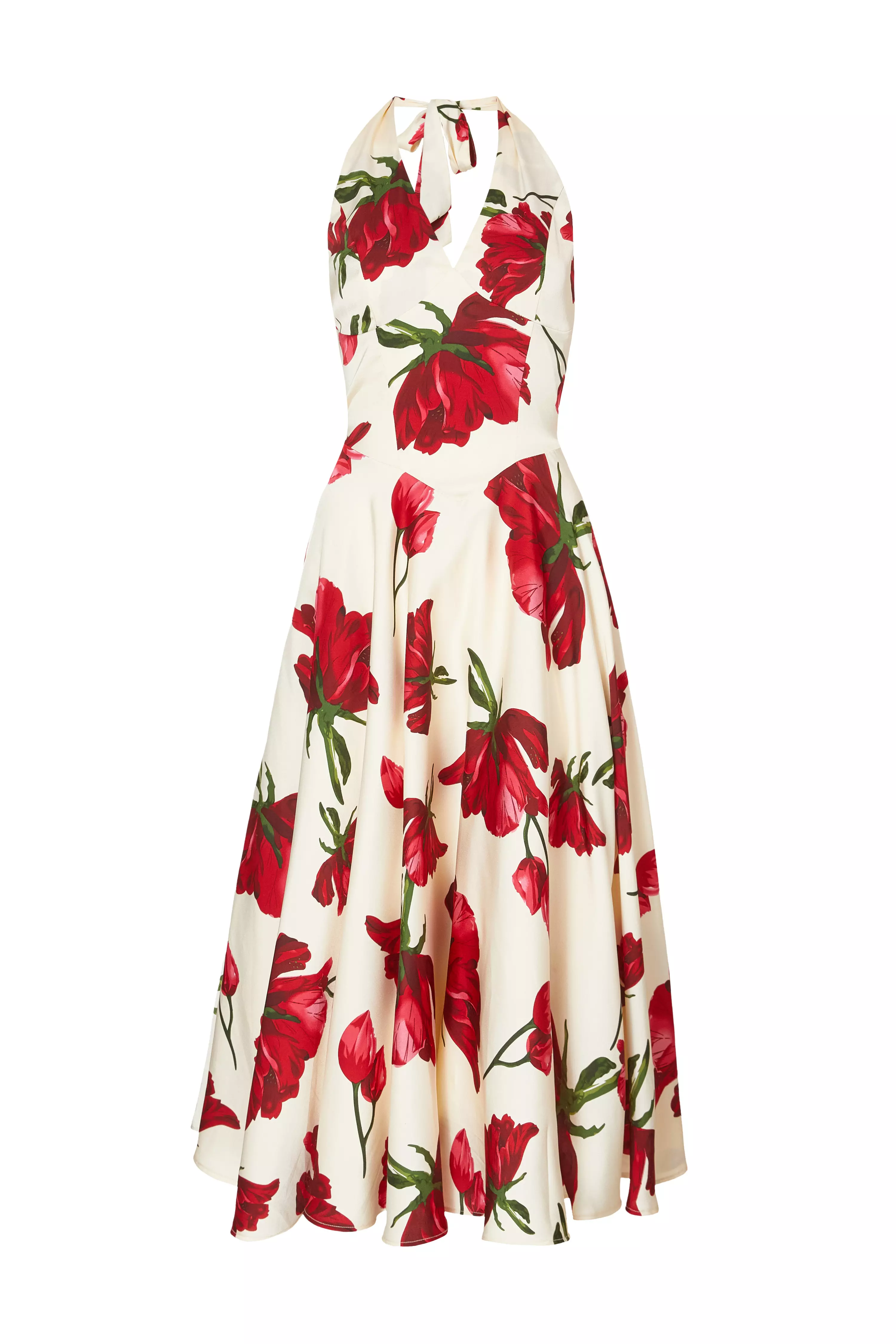 Cream Satin Rose Print Midi Dress