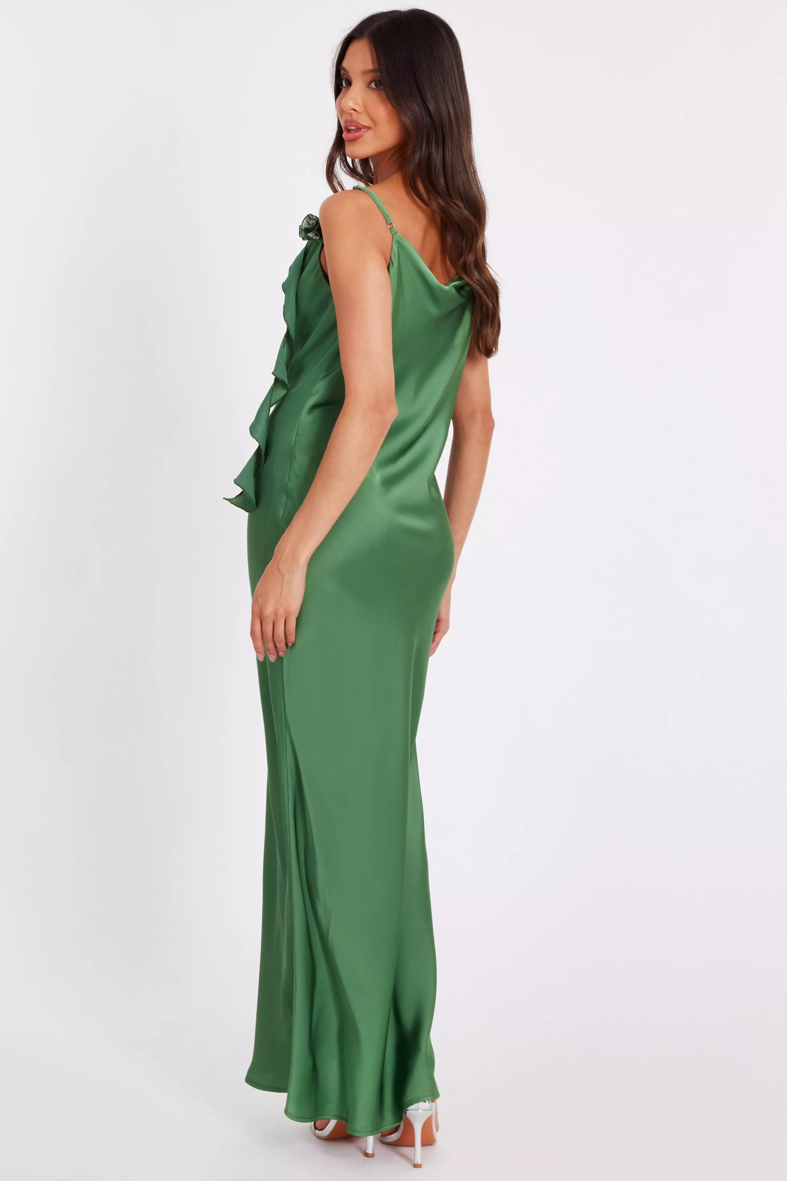 Olive Satin Corsage Midaxi Dress