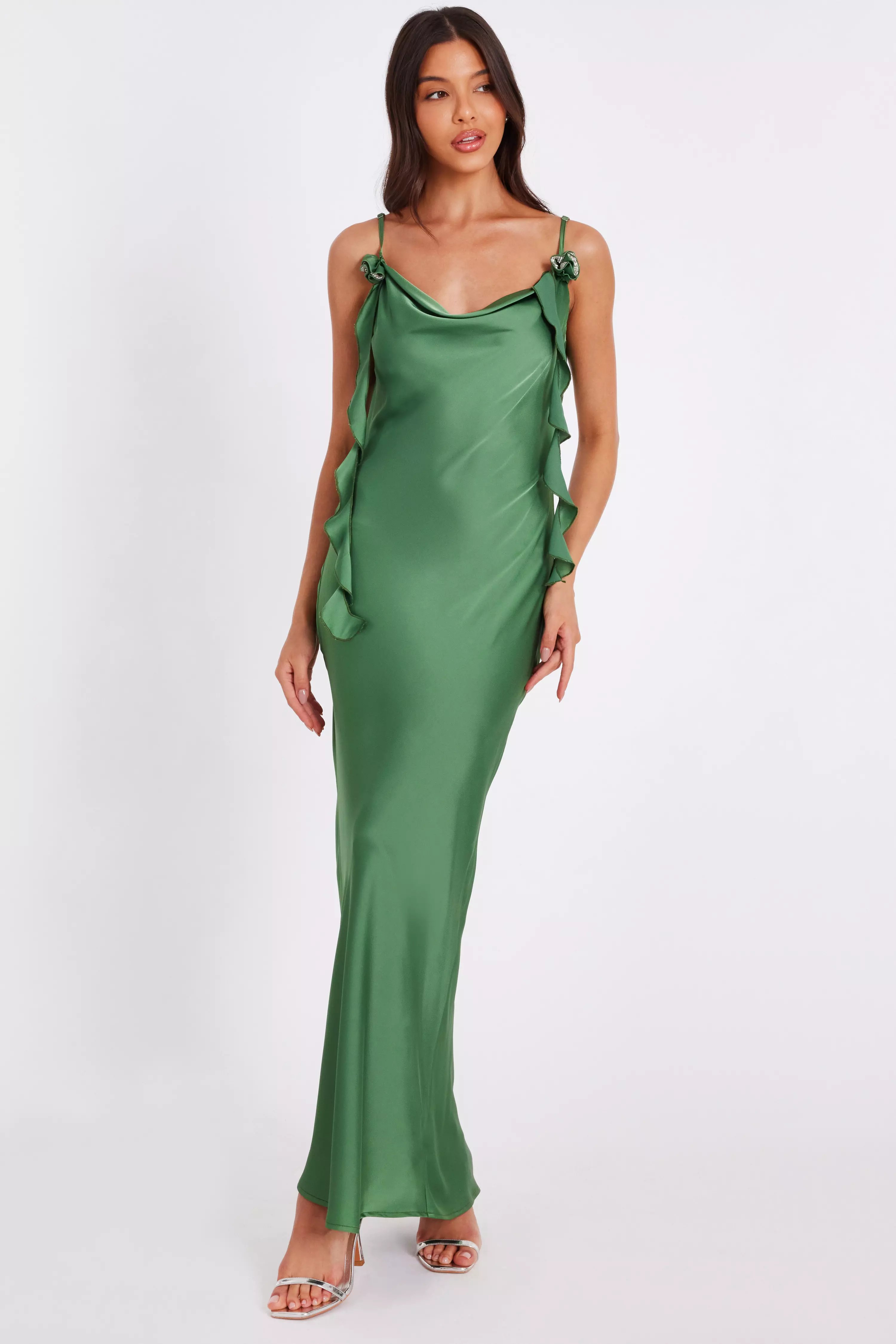 Olive Satin Corsage Midaxi Dress