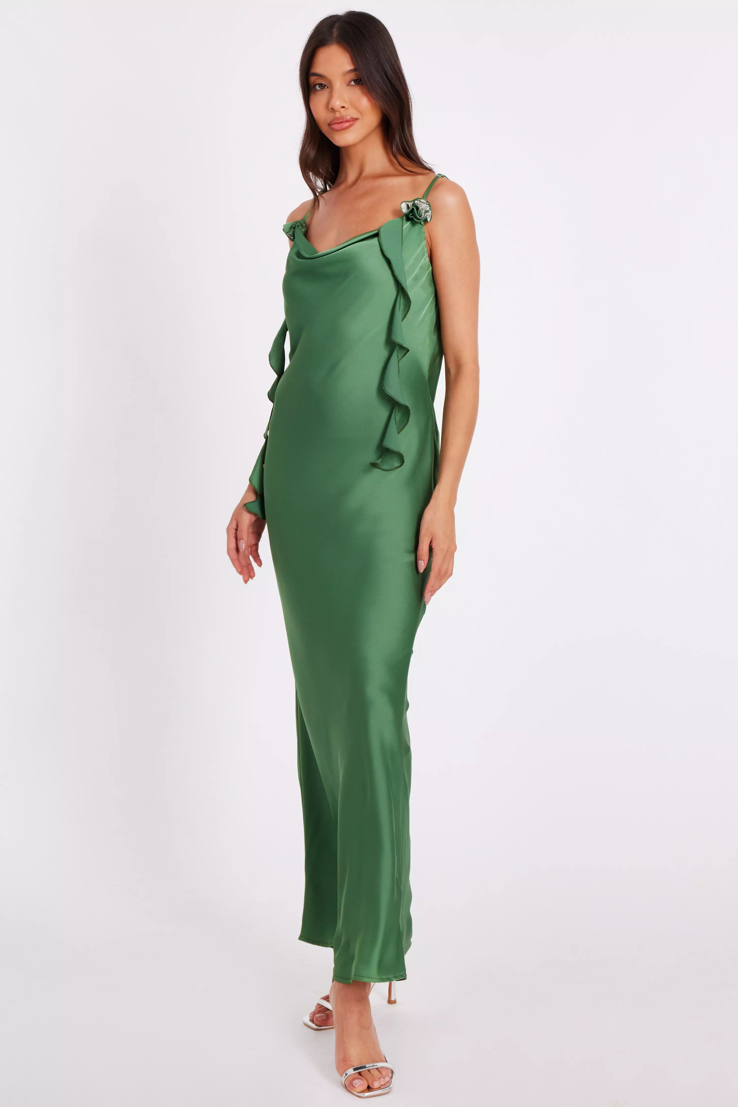 Olive Satin Corsage Midaxi Dress