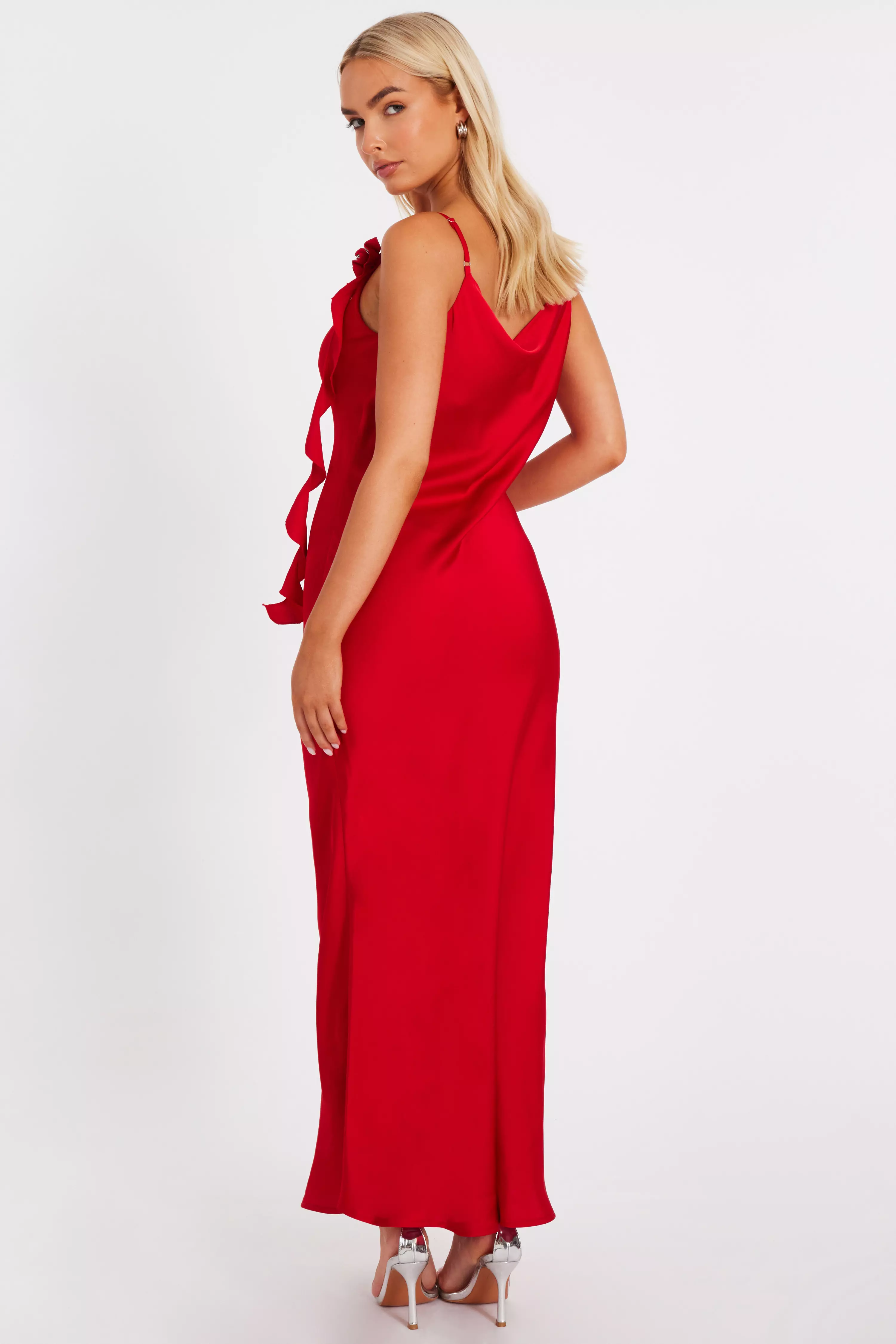 Red Satin Corsage Midaxi Dress