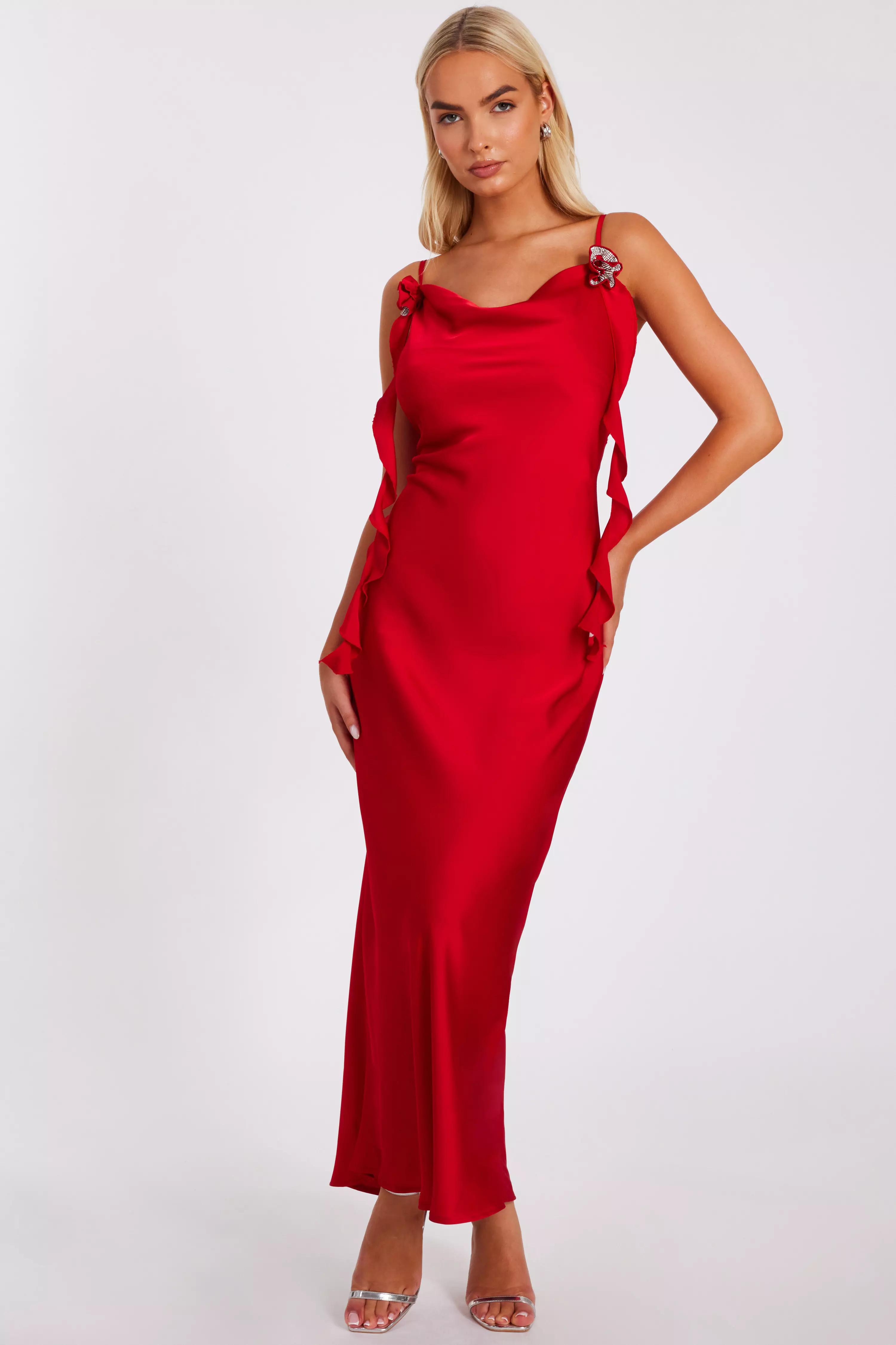 Red Satin Corsage Midaxi Dress