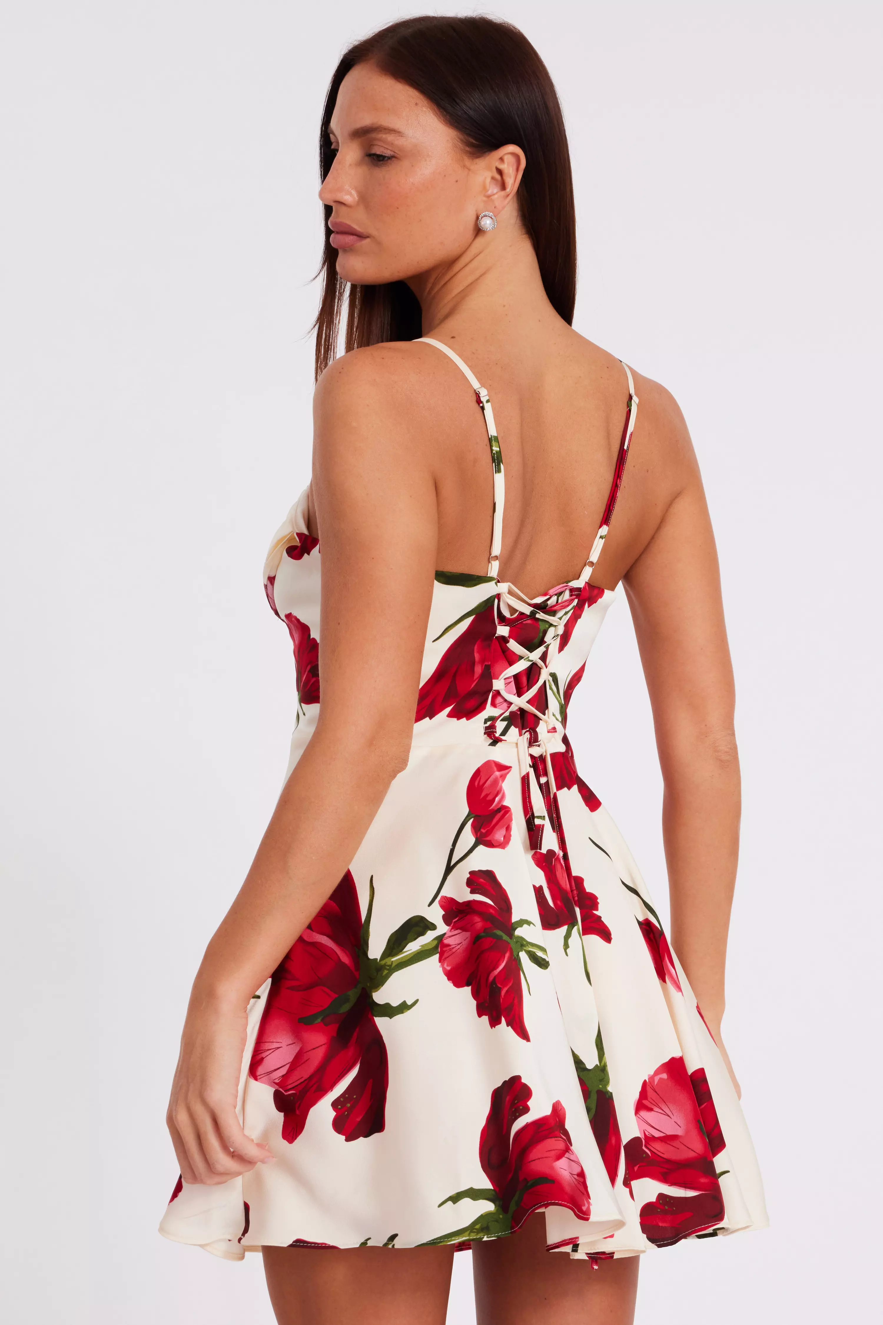 Cream Satin Rose Print Mini Dress