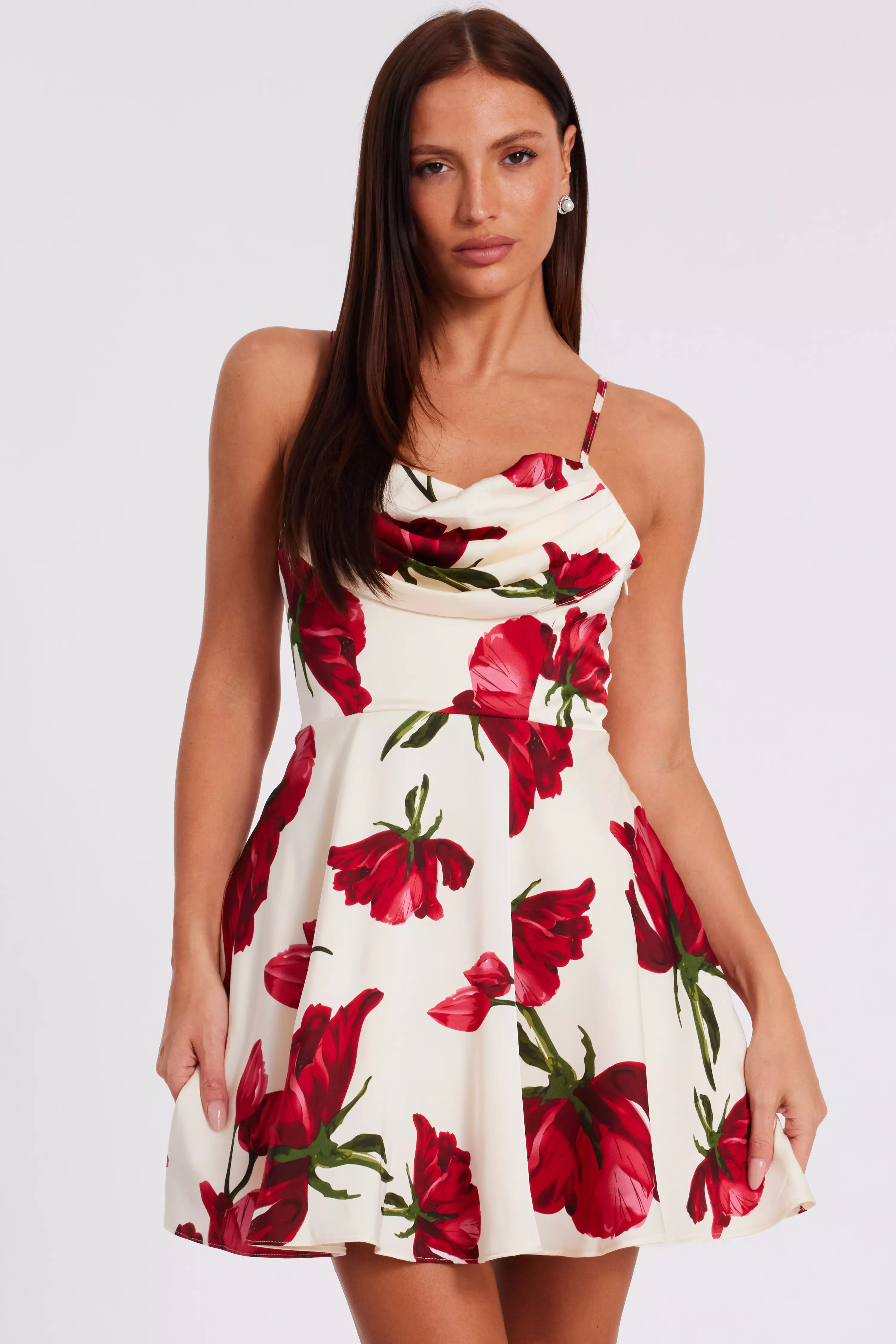 Cream Satin Rose Print Mini Dress