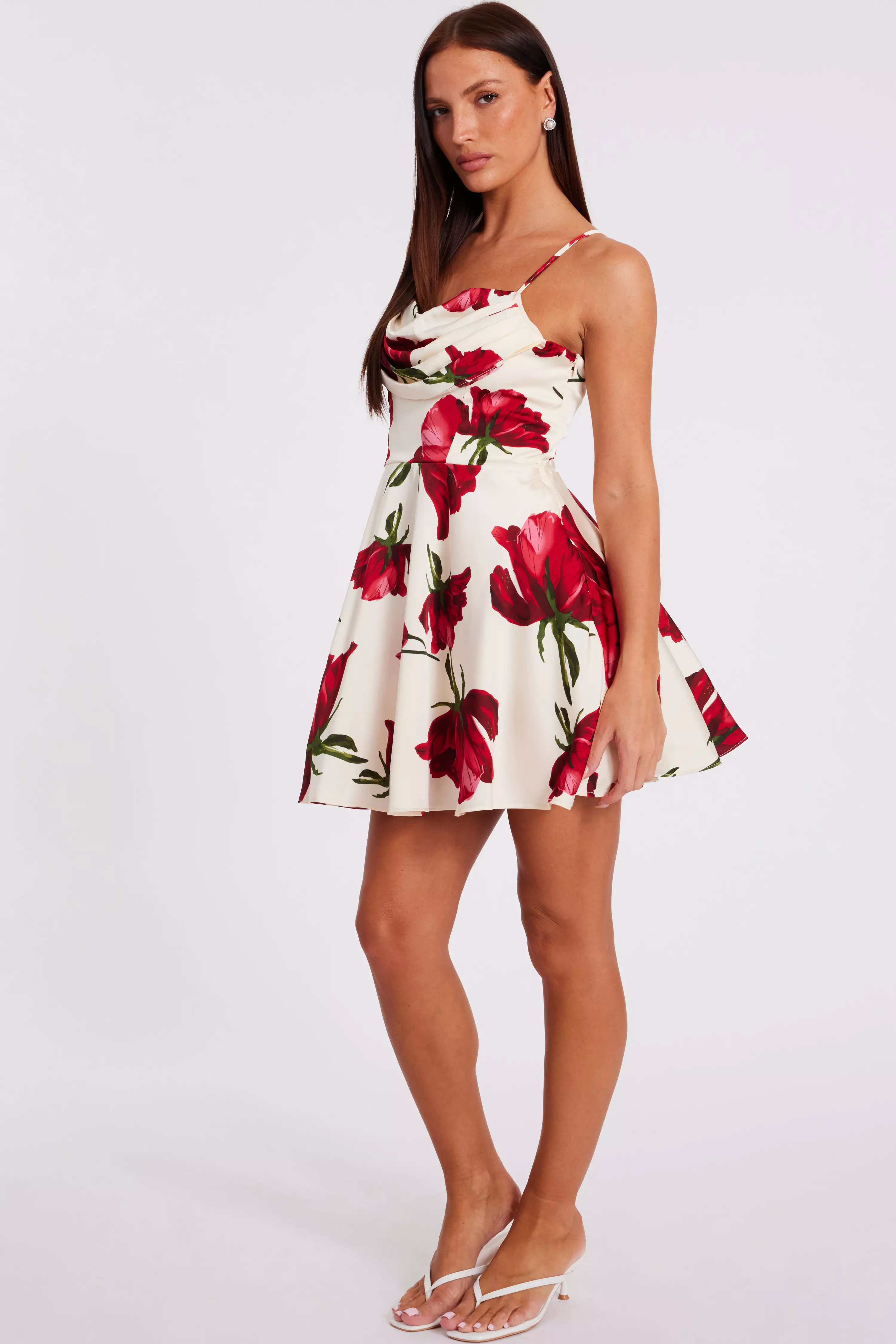 Cream Satin Rose Print Mini Dress