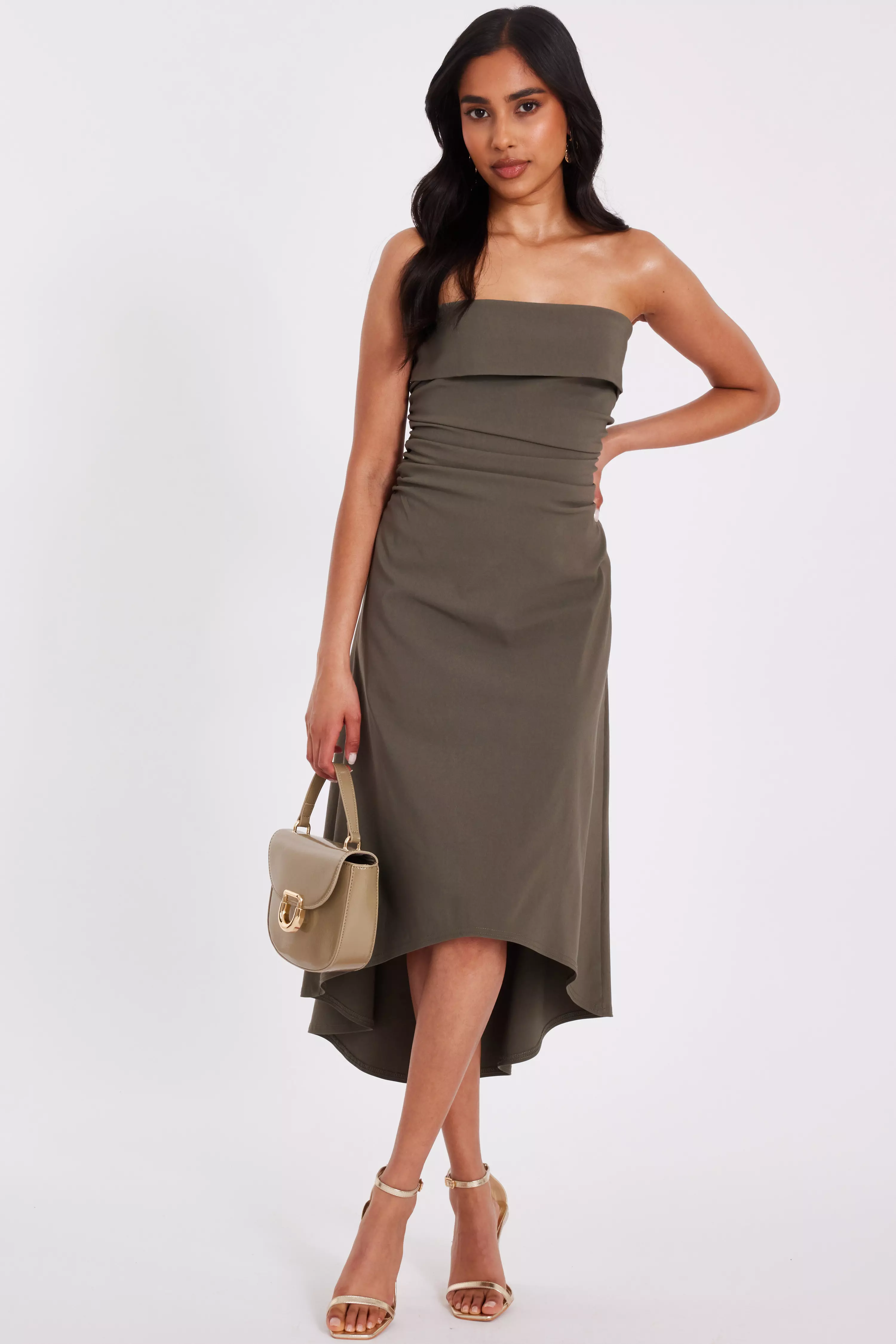 Petite Khaki Bandeau Midi Dress