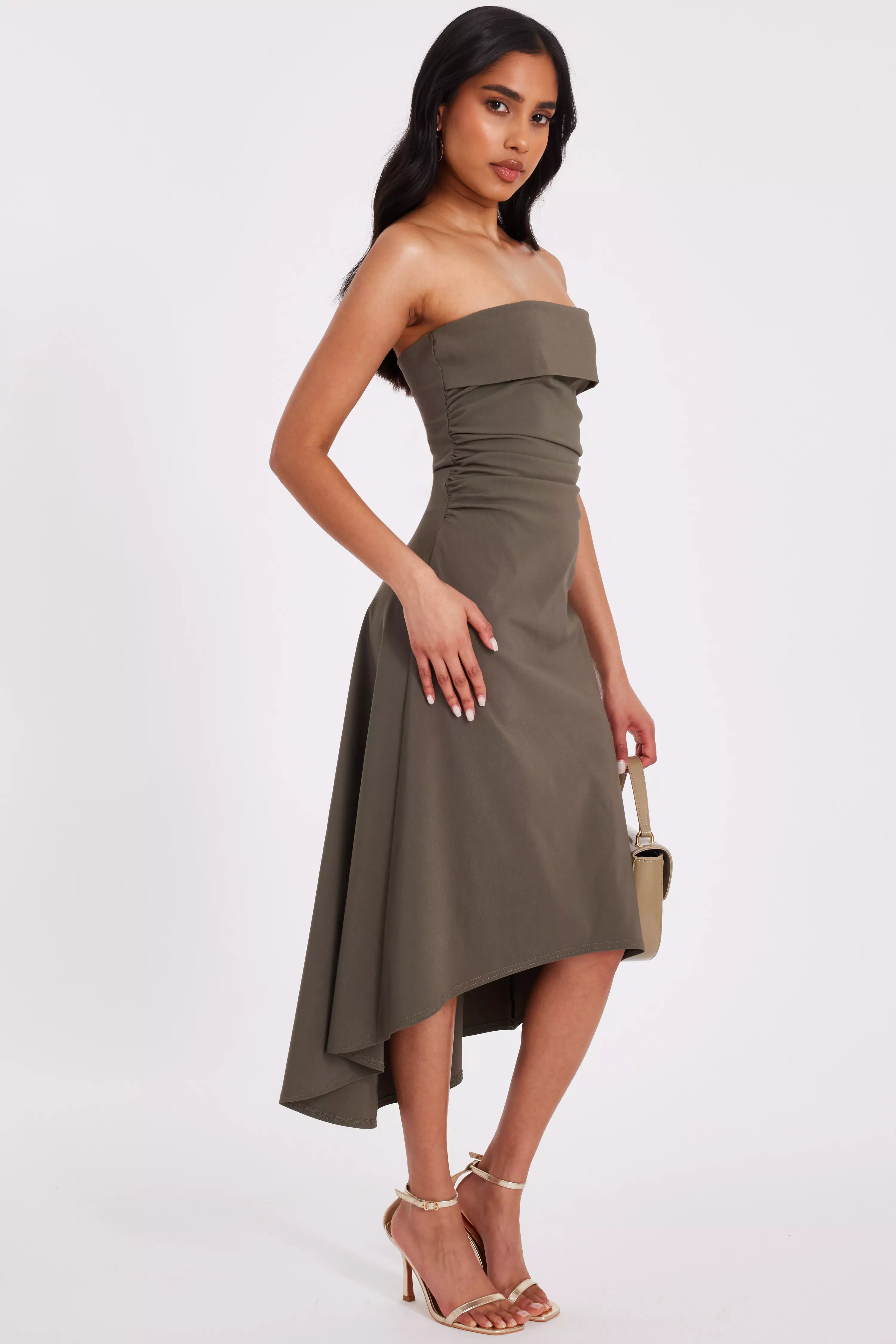Petite Khaki Bandeau Midi Dress