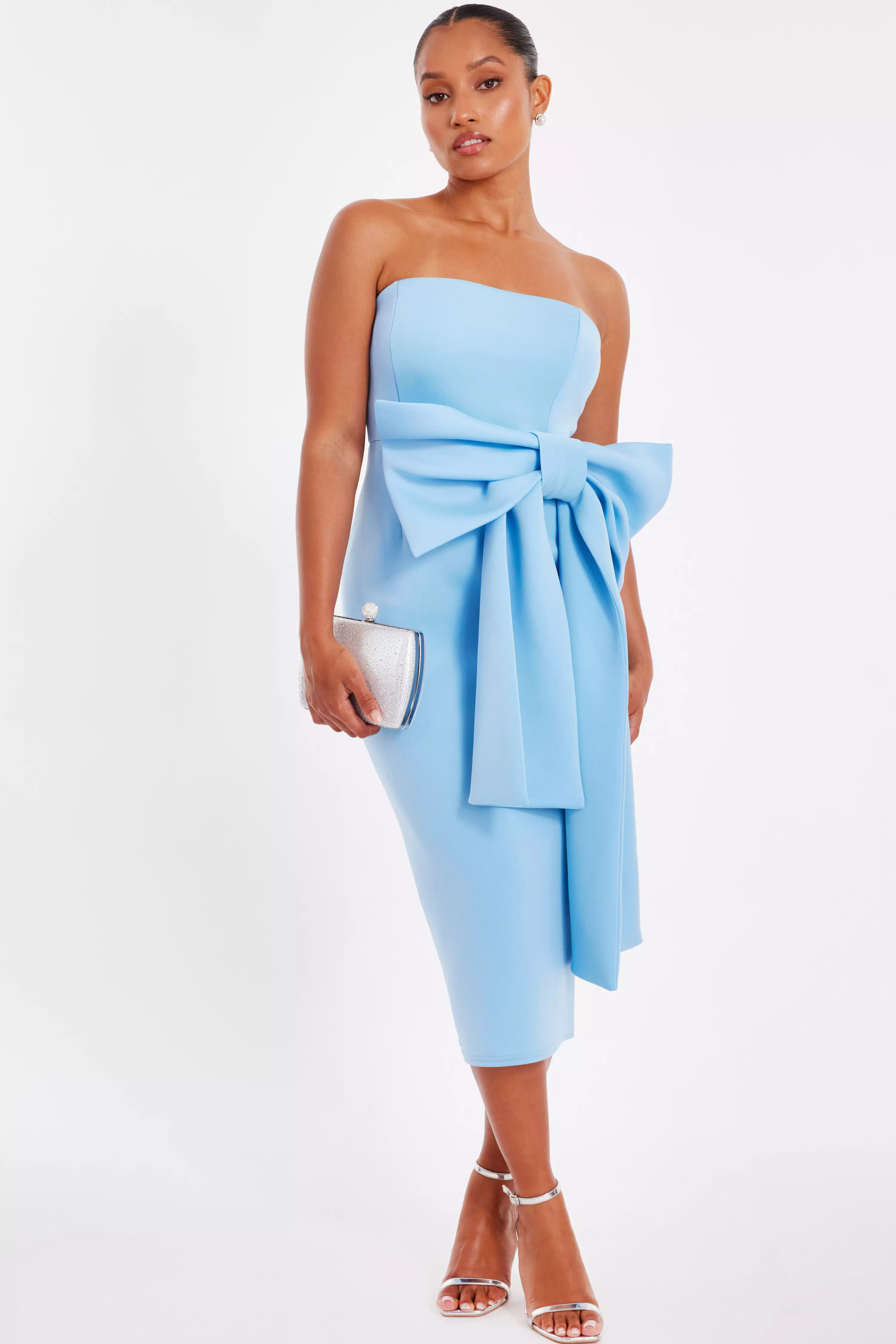 Petite Pale Blue Strapless Bow Midi Dress