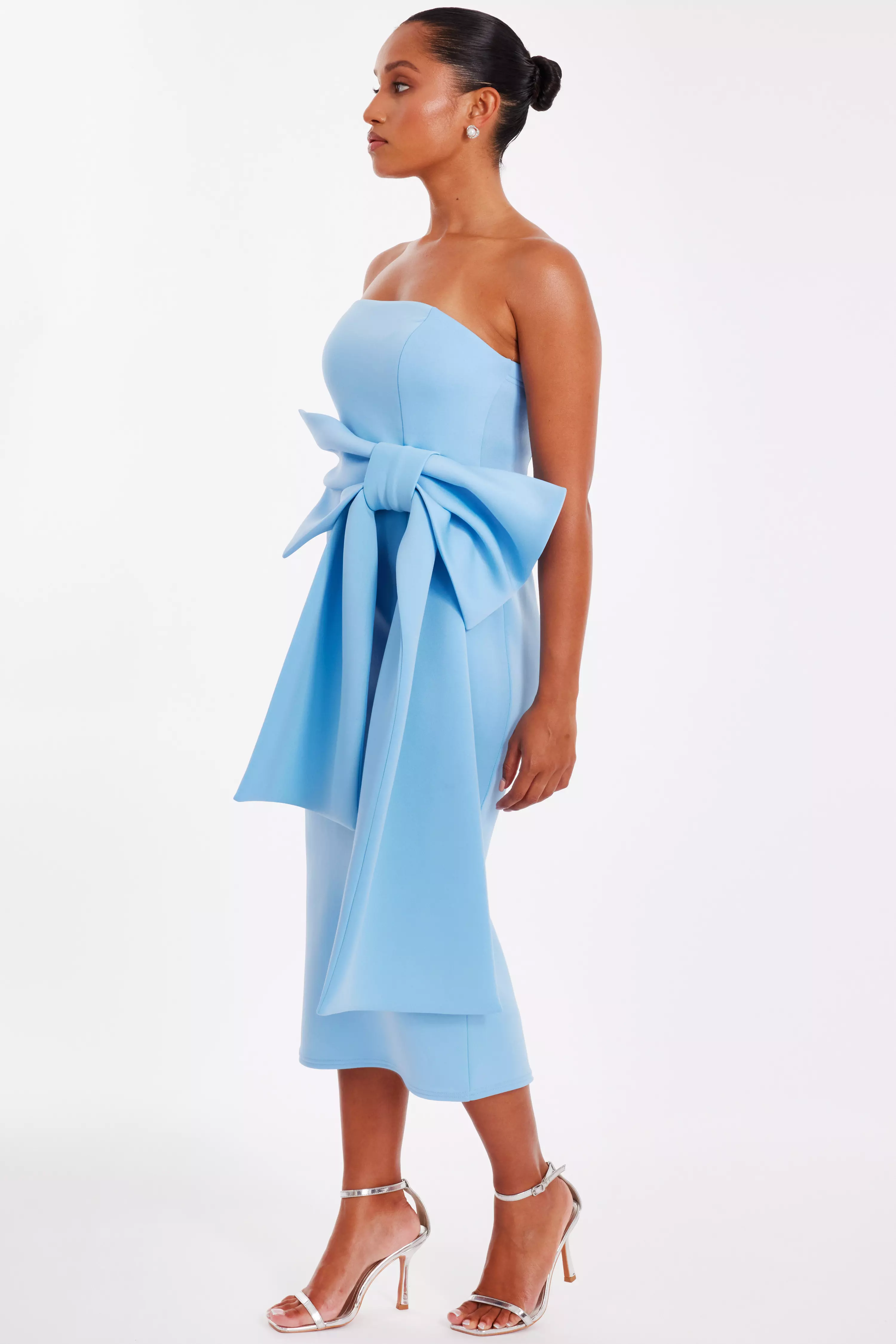 Petite Pale Blue Strapless Bow Midi Dress