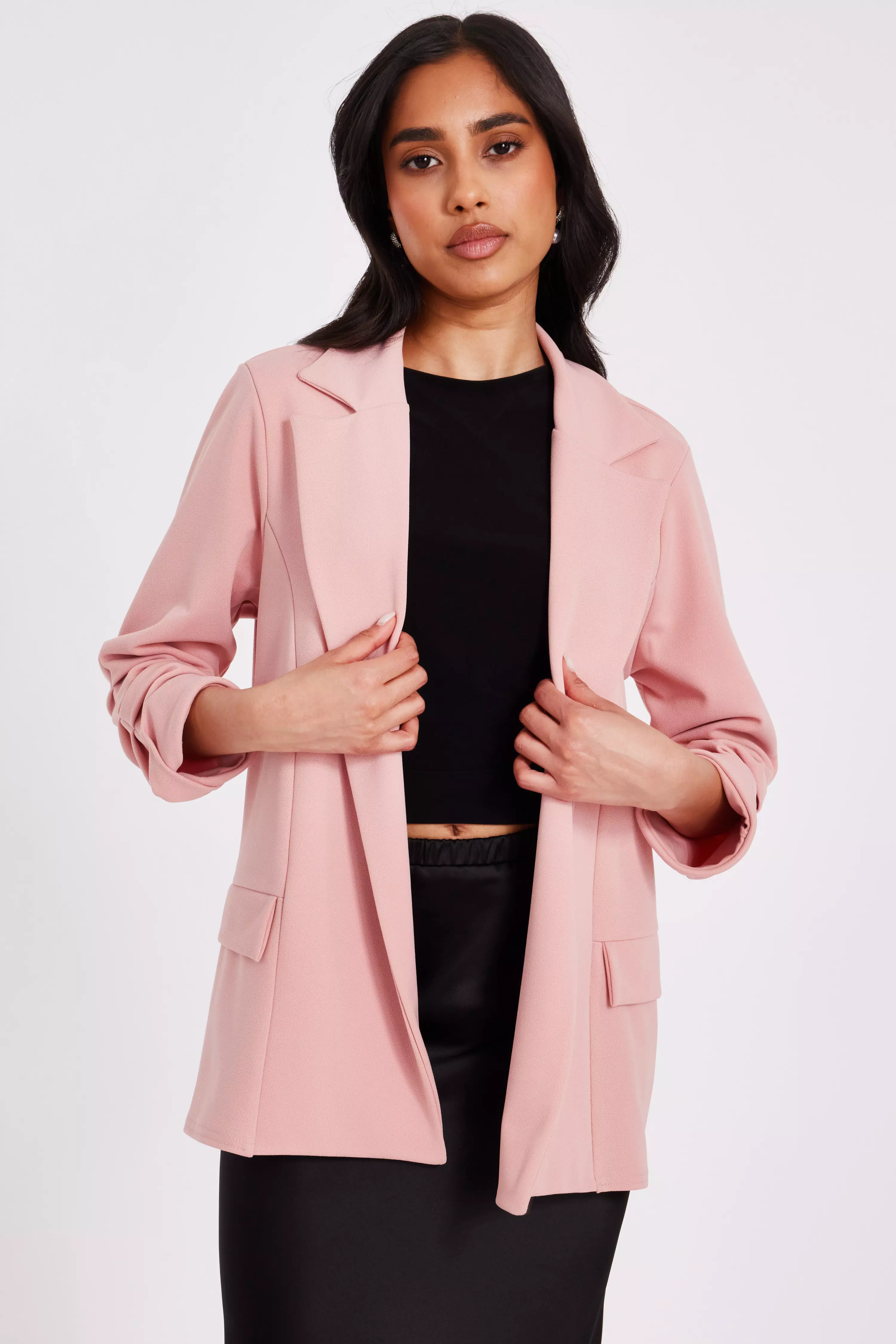 Petite Pink Ruched Sleeve Blazer