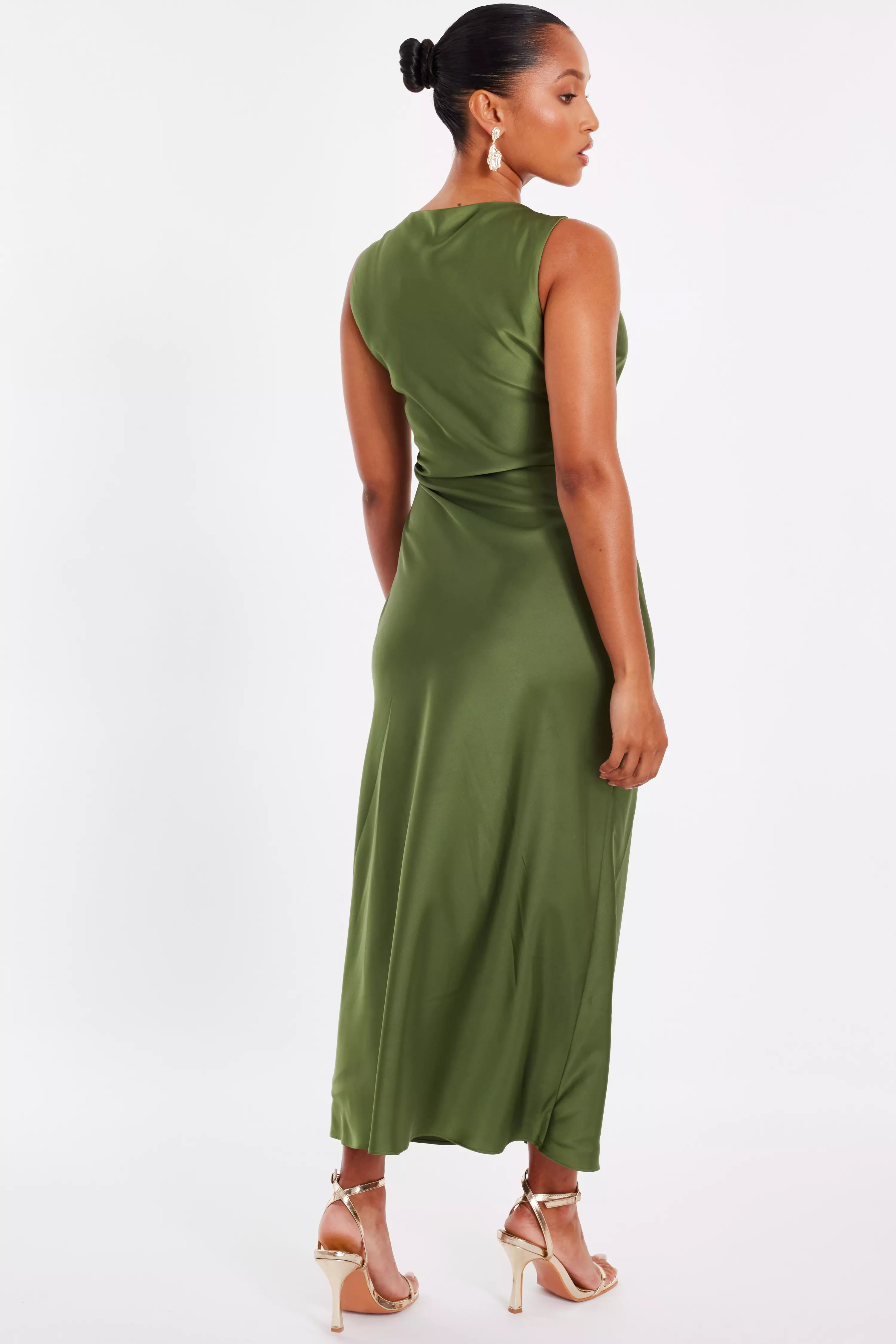 Petite Khaki Satin Ruched Midi Dress