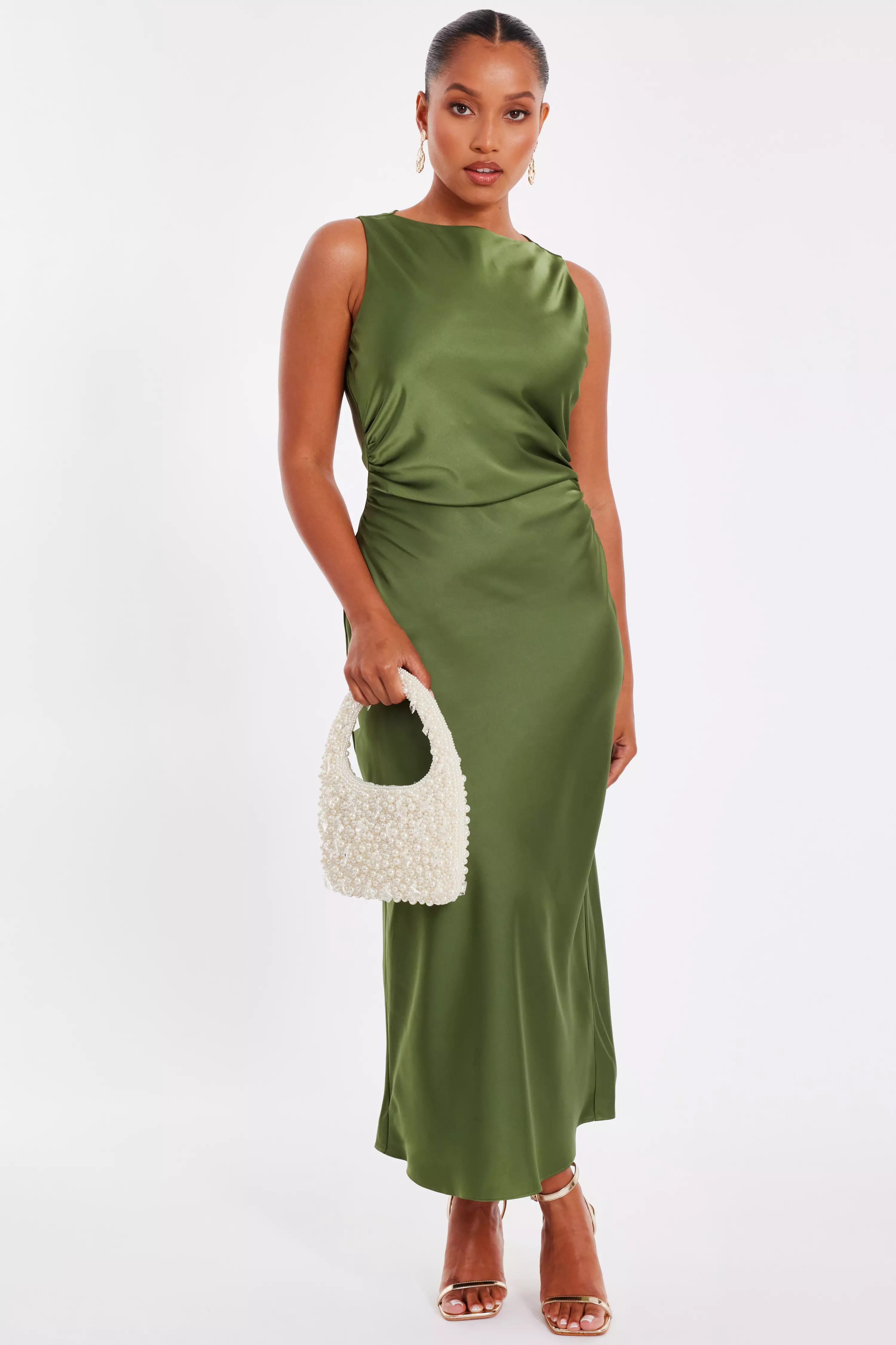 Petite Khaki Satin Ruched Midi Dress