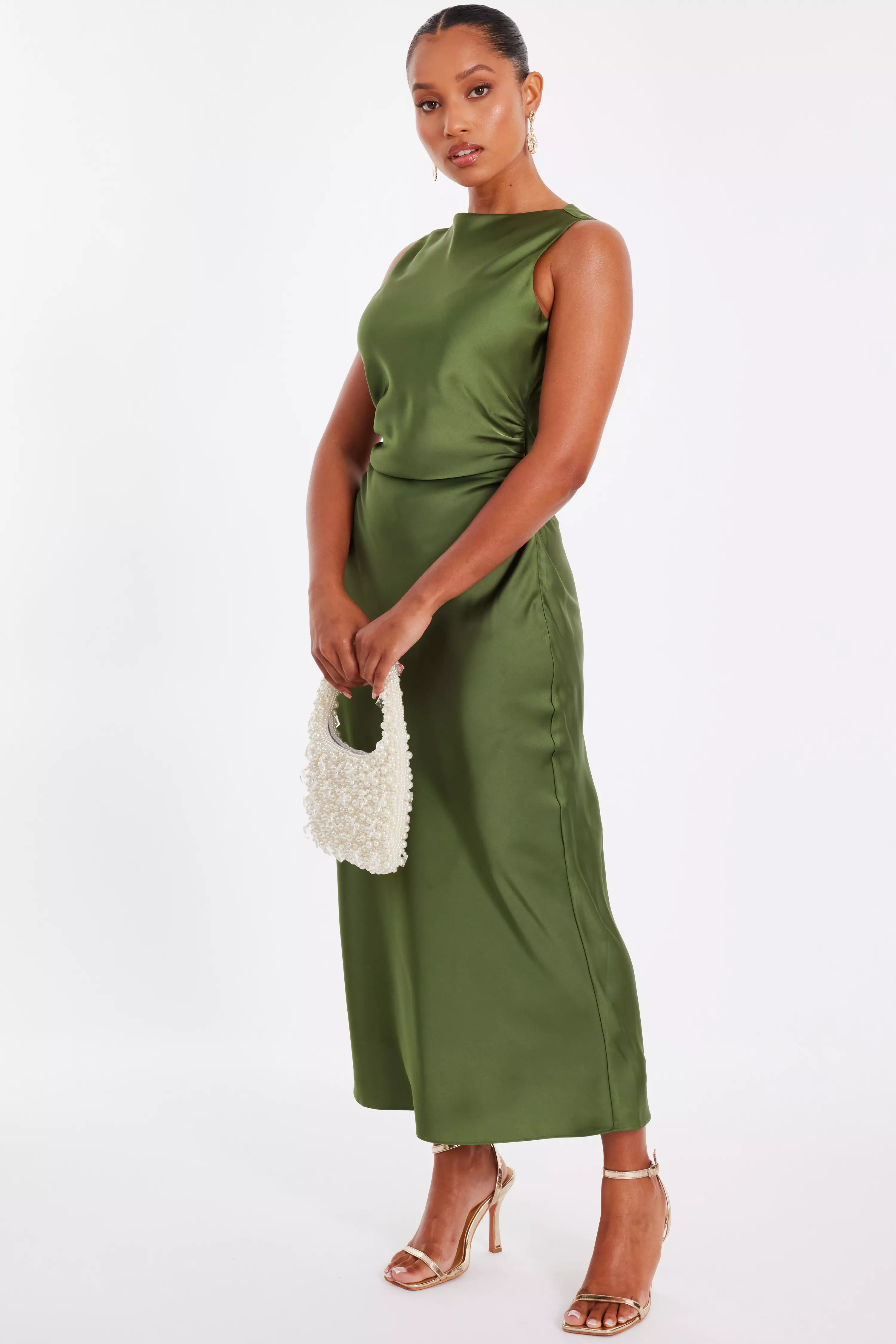 Petite Khaki Satin Ruched Midi Dress