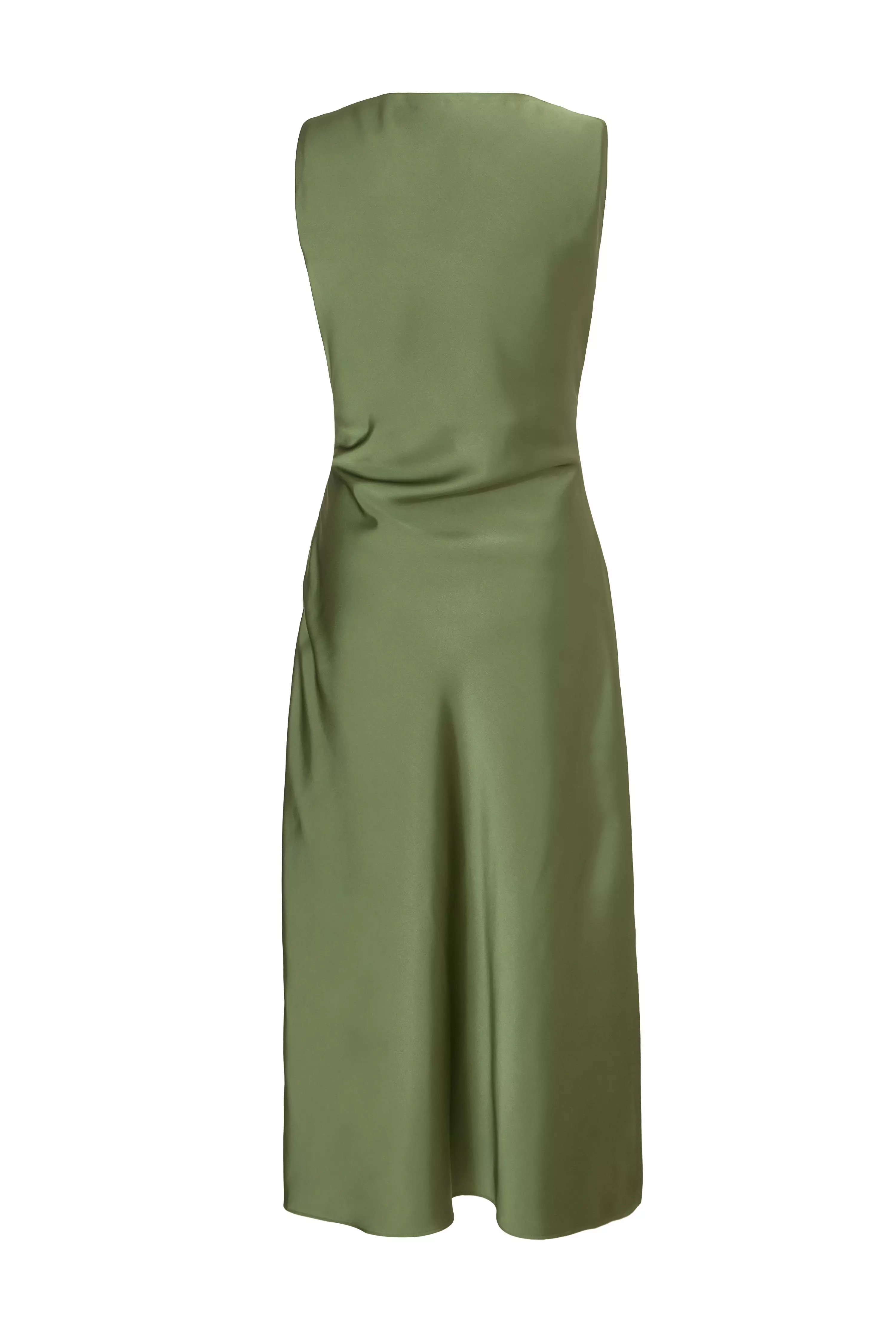 Petite Khaki Satin Ruched Midi Dress