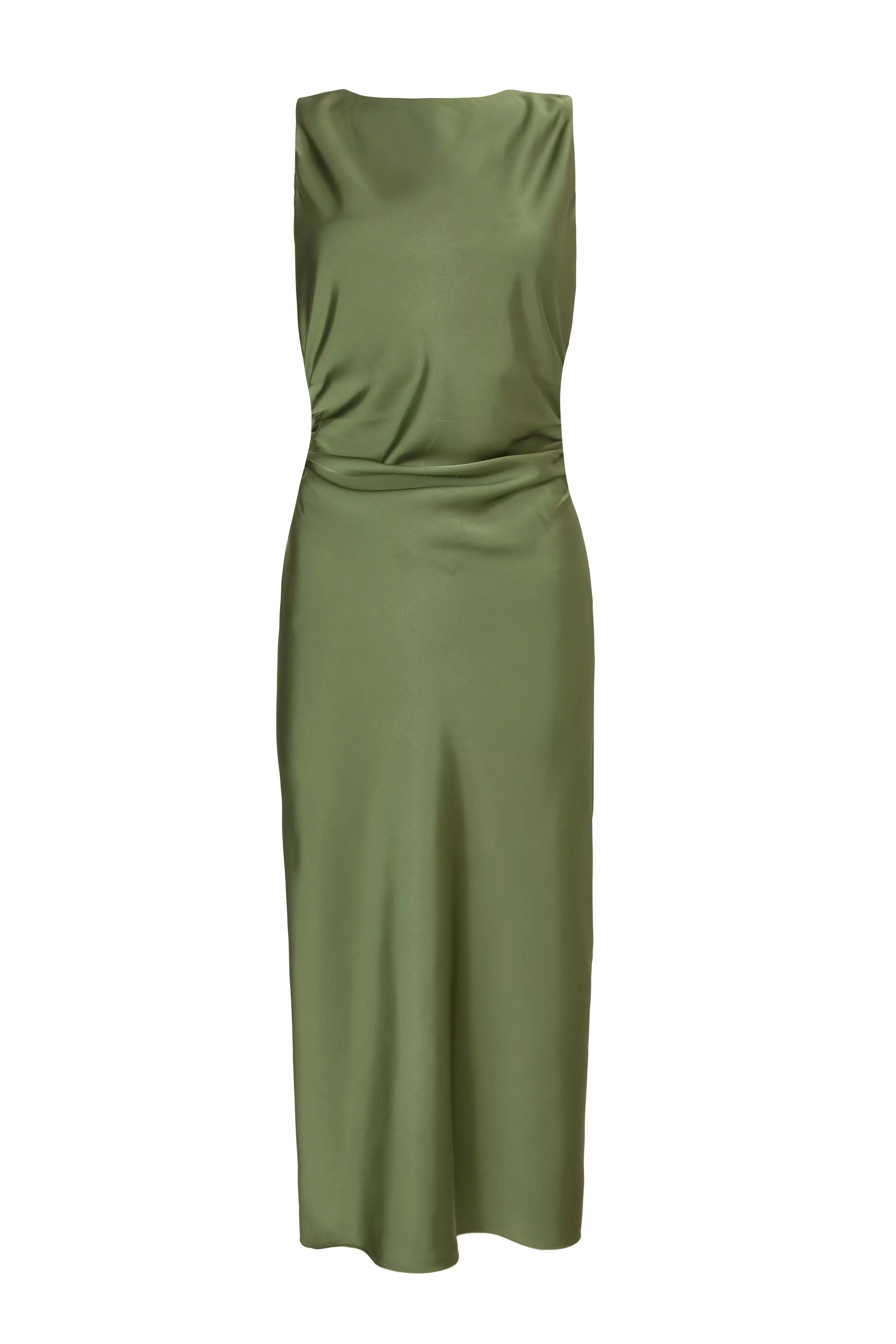 Petite Khaki Satin Ruched Midi Dress