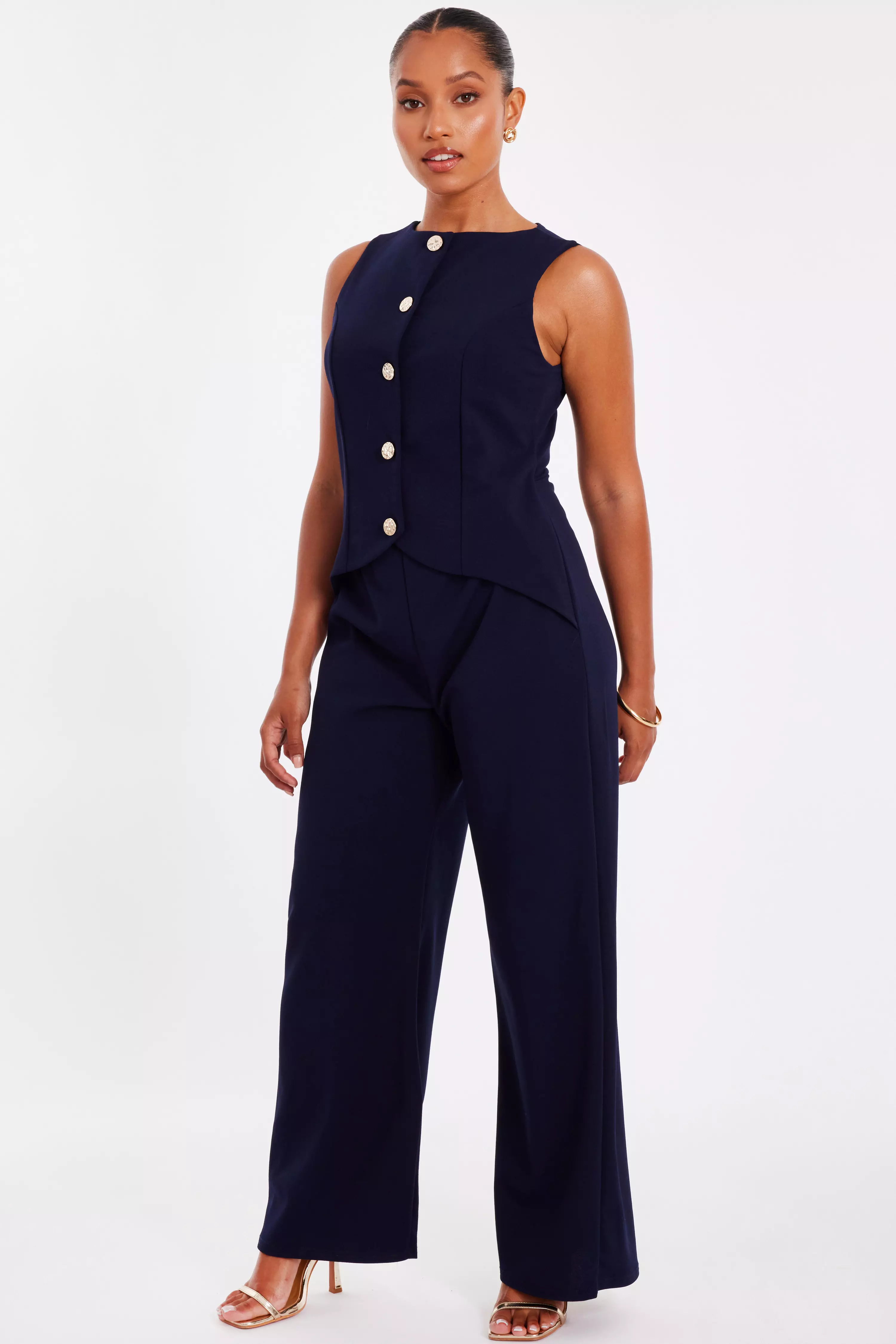 Petite Navy Waistcoat Jumpsuit