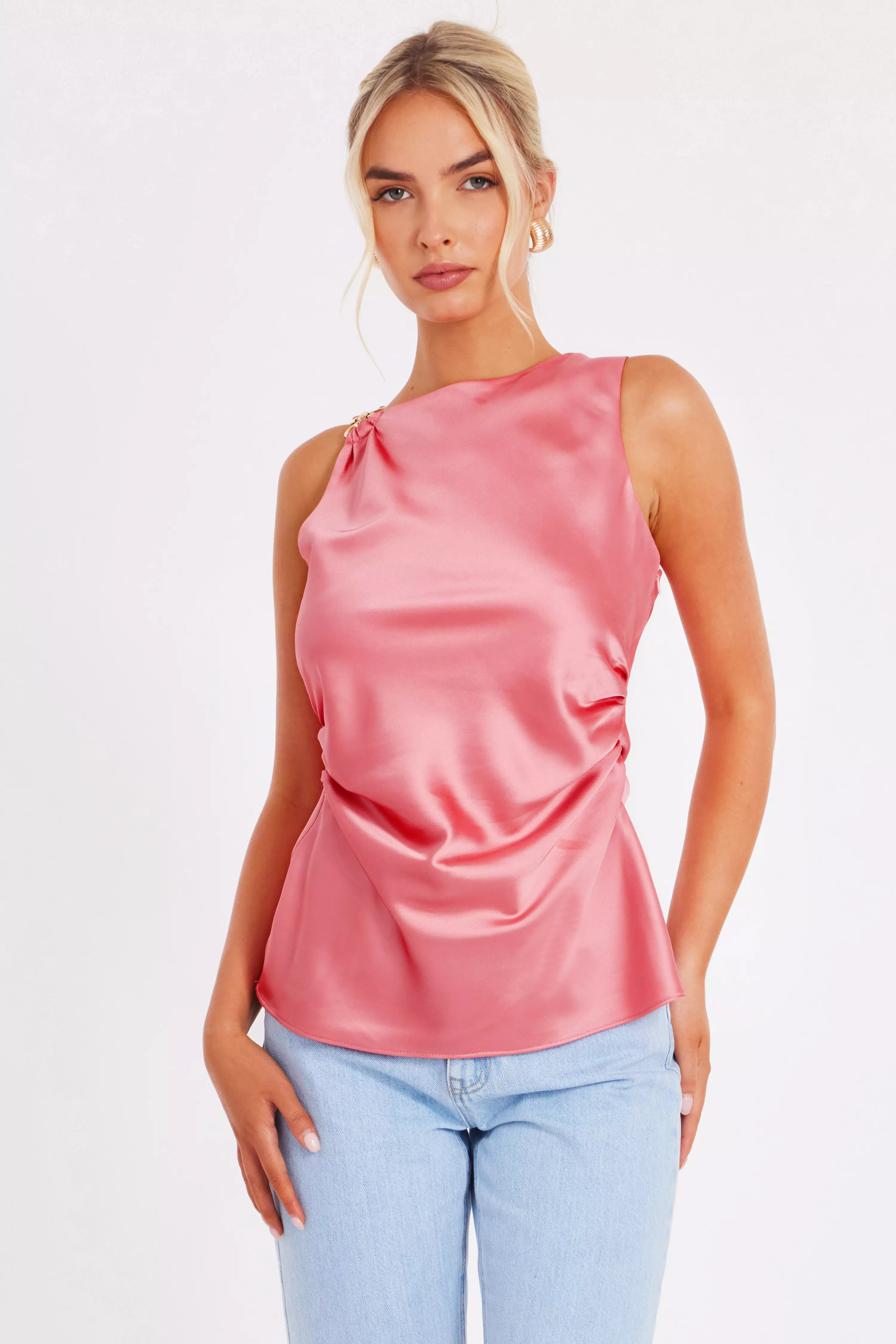 Coral Satin Buckle Top
