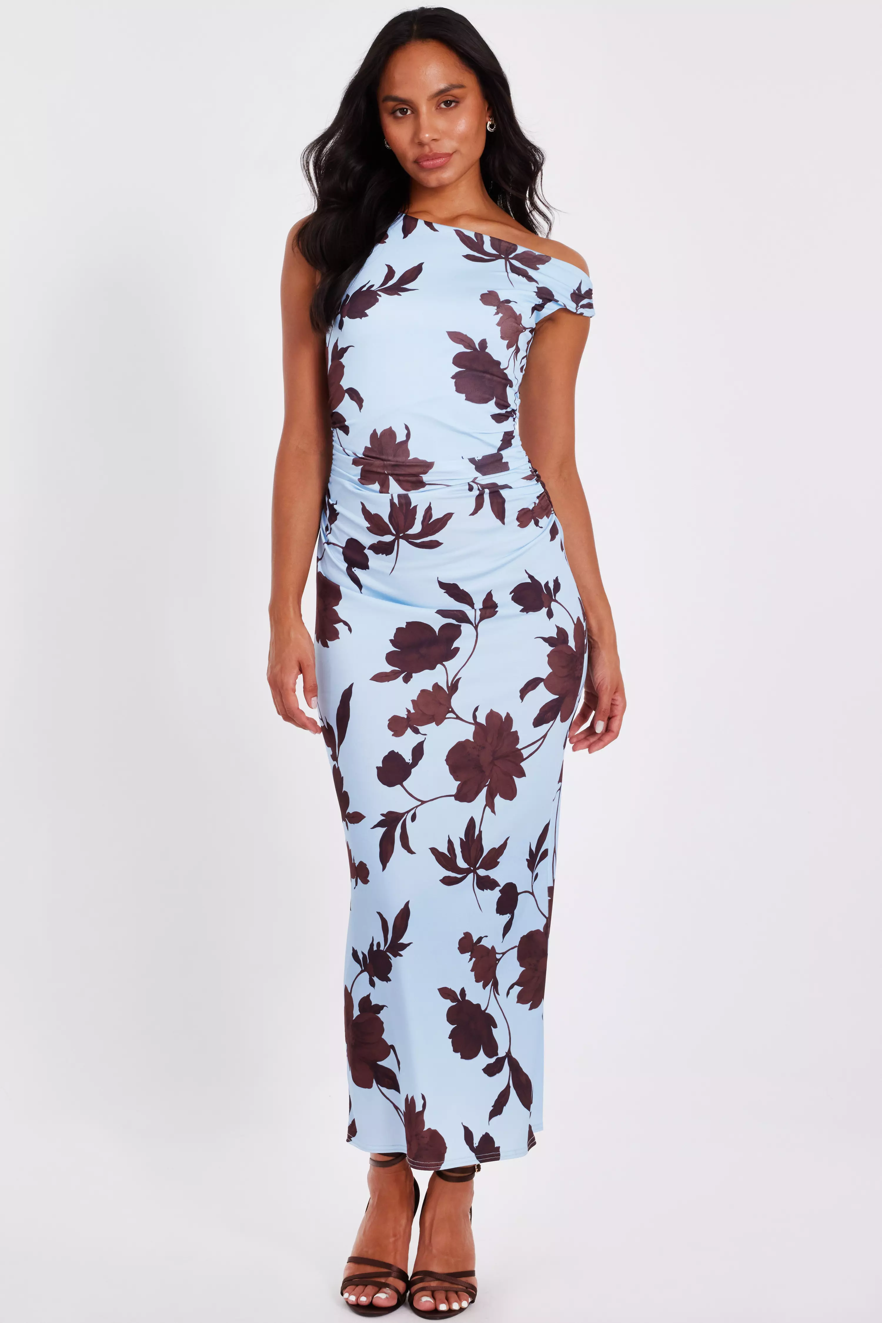Pale Blue Floral Asymmetric Midaxi Dress