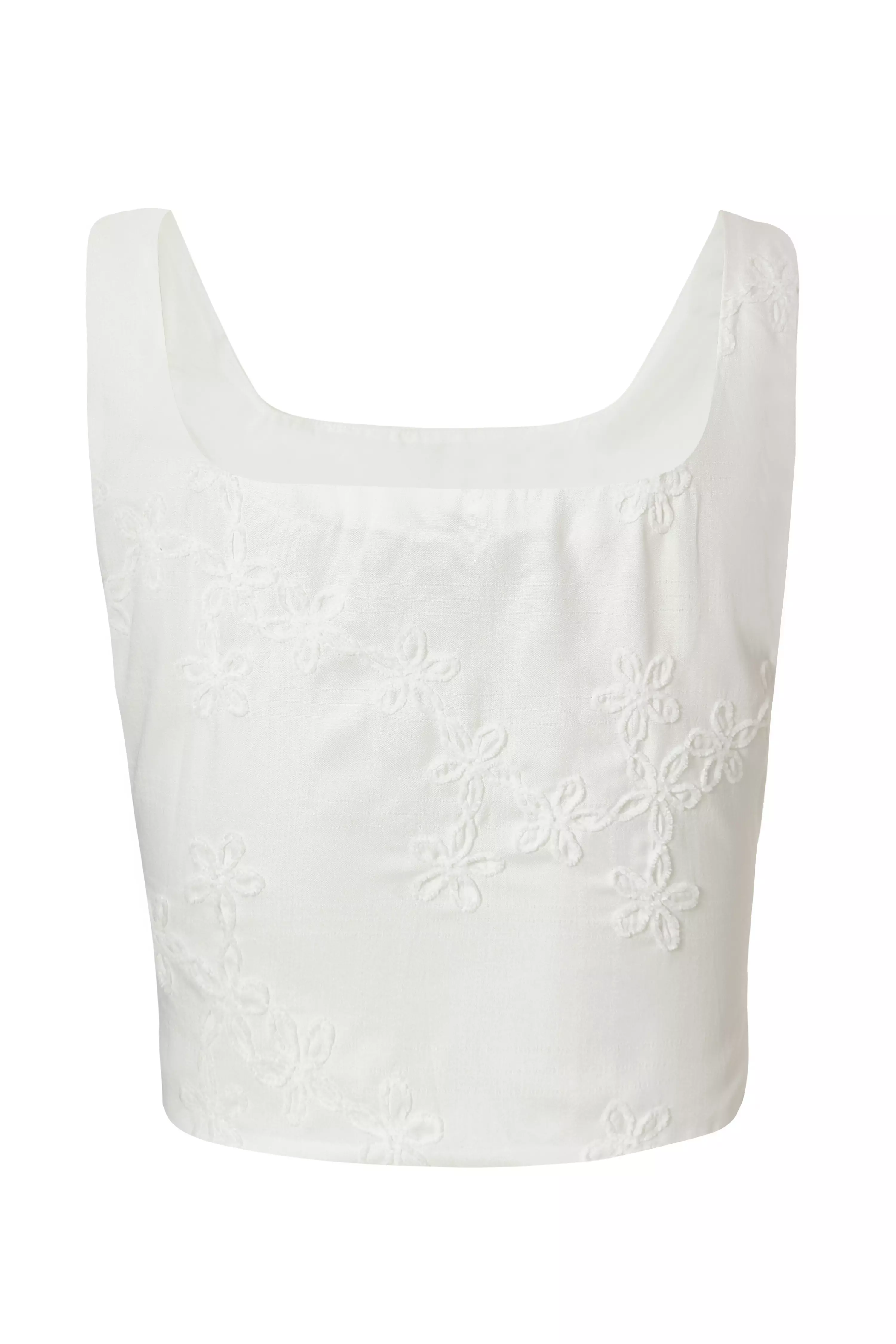 White Floral Embroidered Crop Top