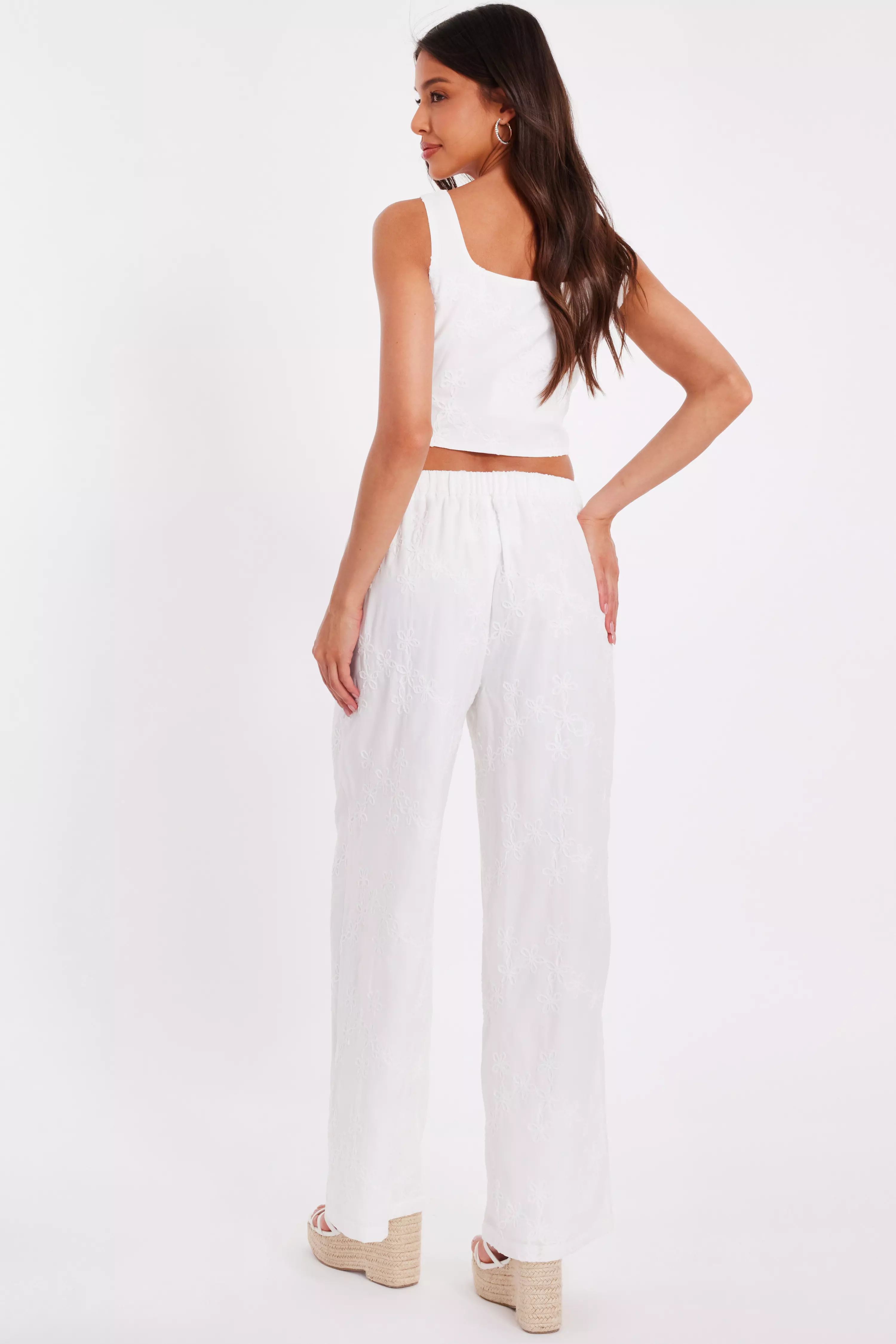White Floral Embroidered Palazzo Trousers
