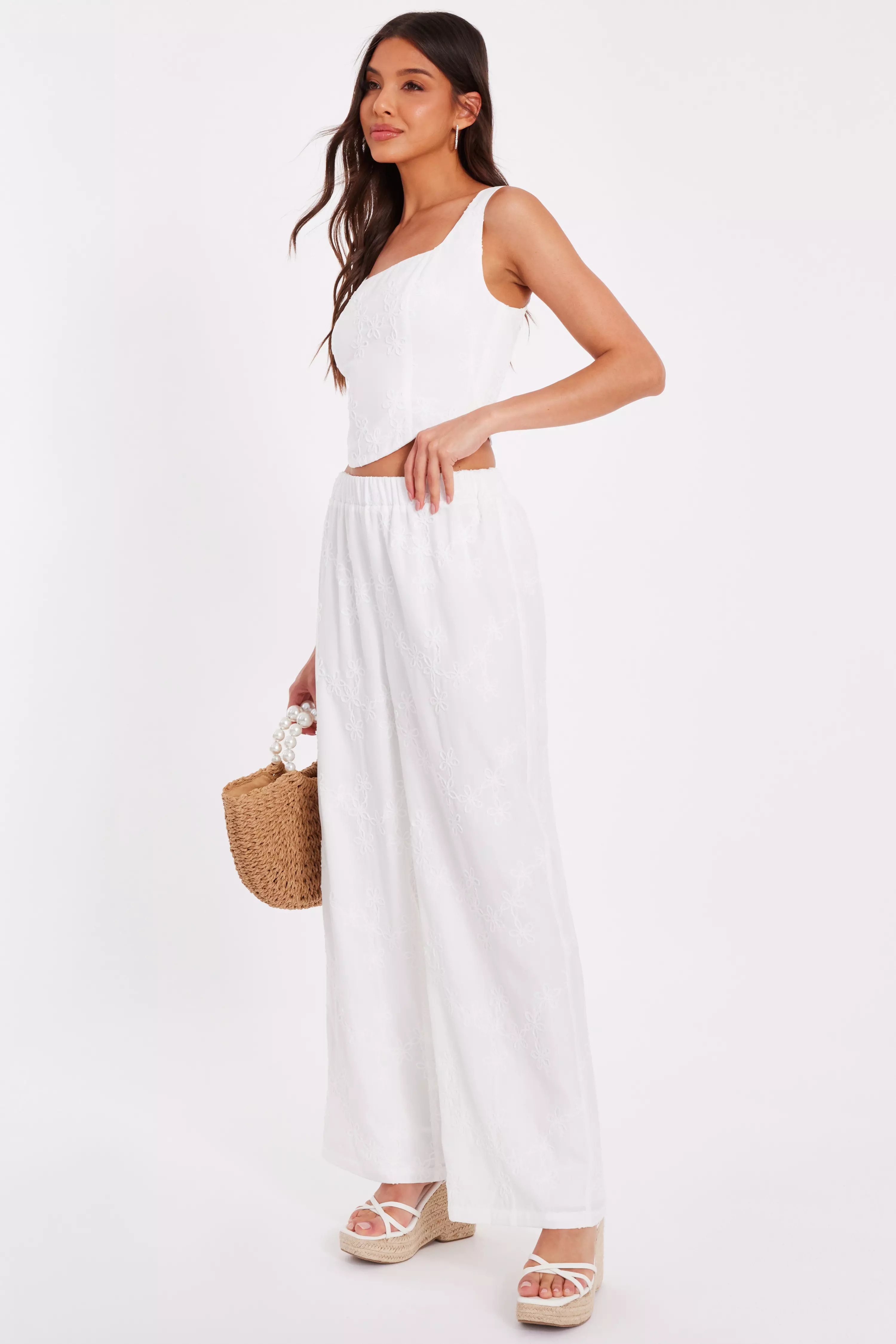 White Floral Embroidered Palazzo Trousers
