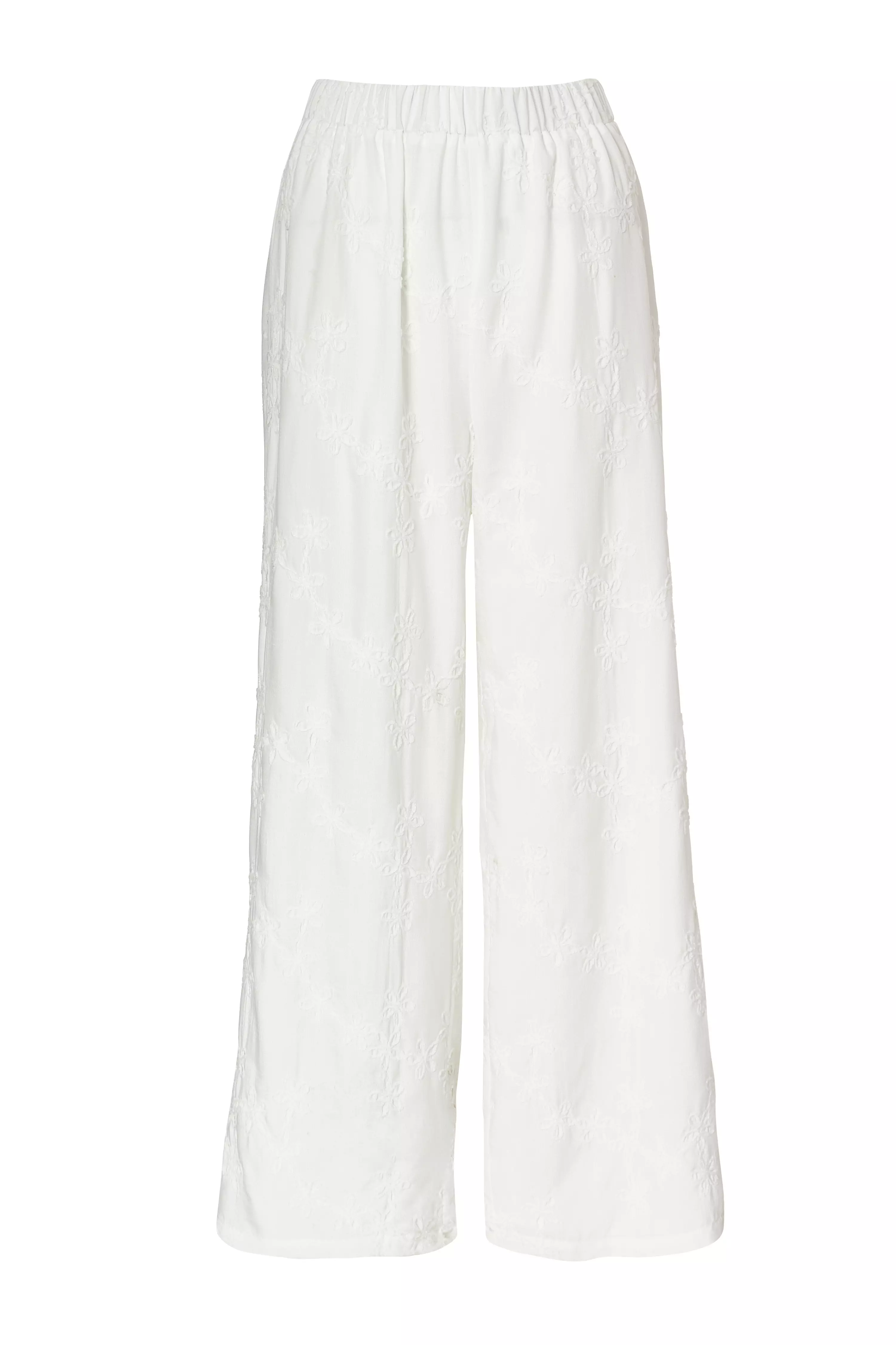 White Floral Embroidered Palazzo Trousers