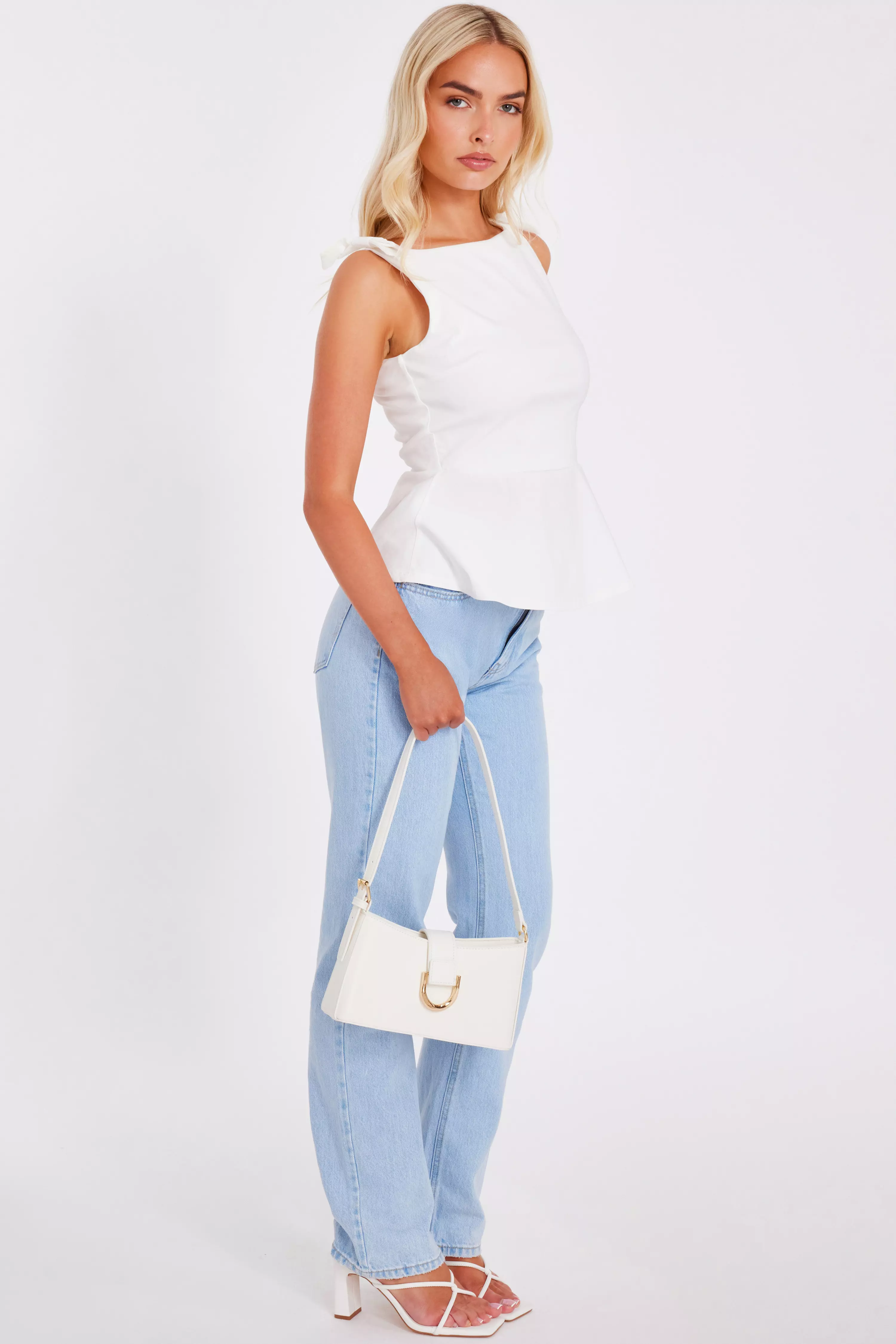 White Bow Shoulder Peplum Top