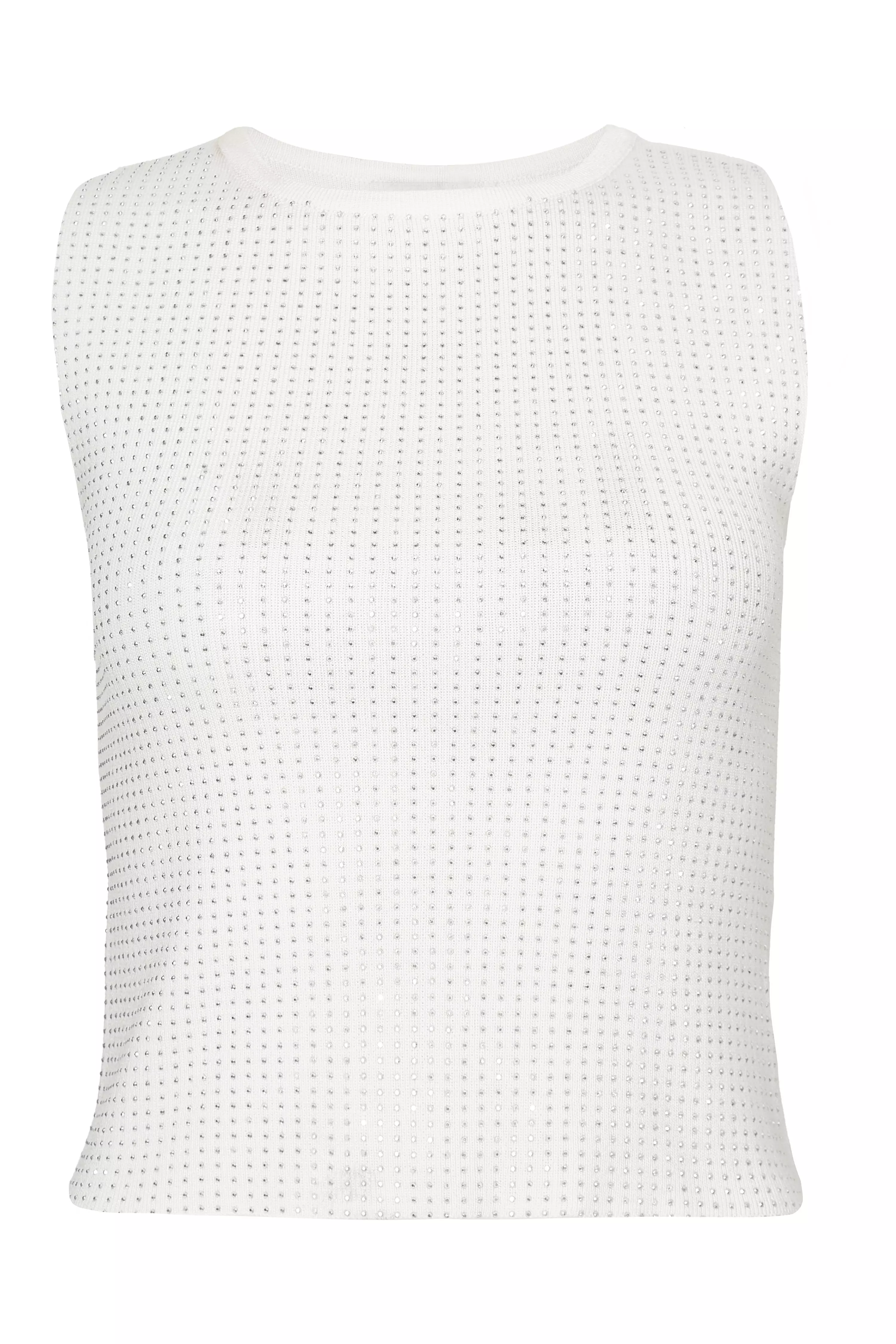 White Knit Diamante Crop Top