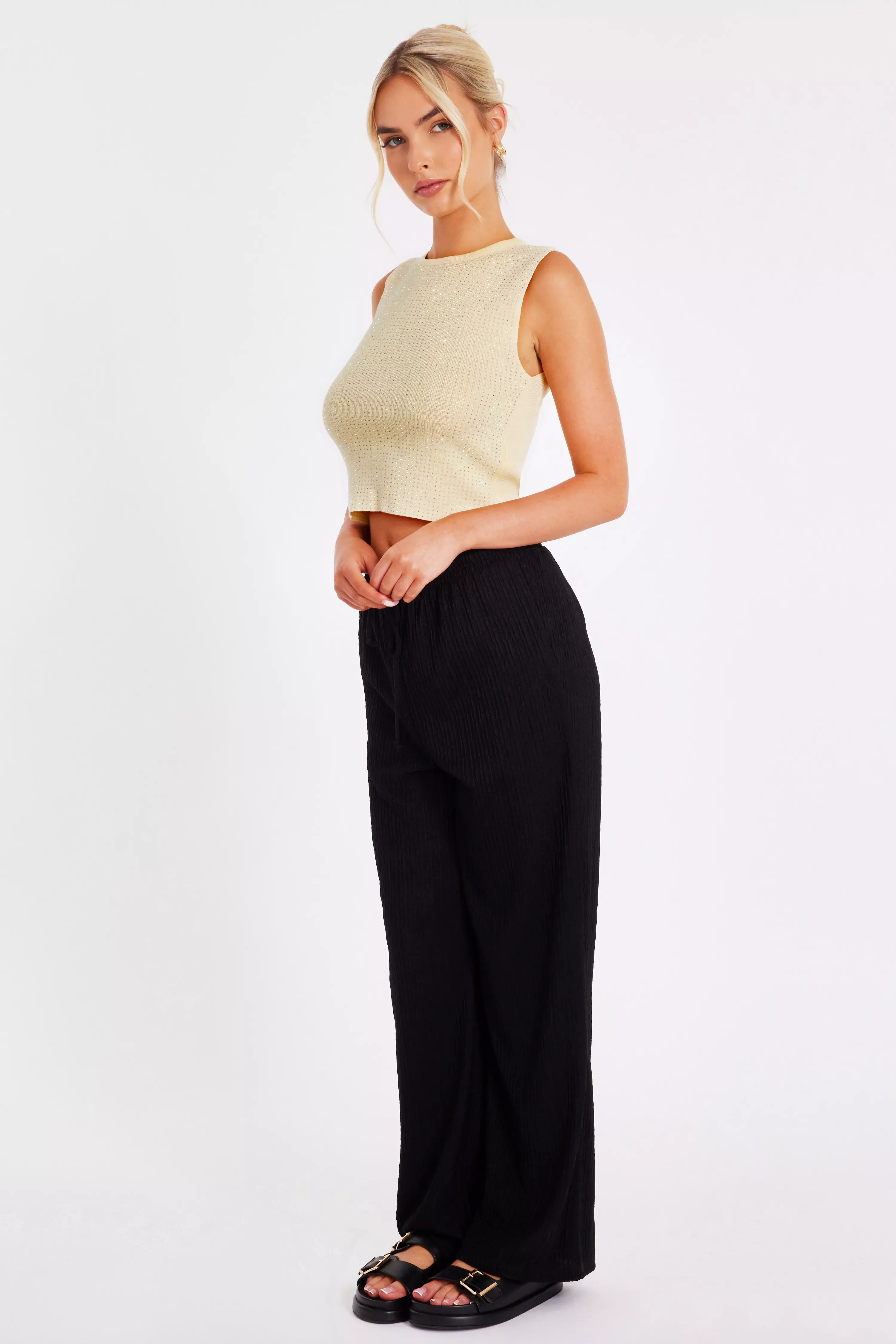Yellow Knit Diamante Crop Top