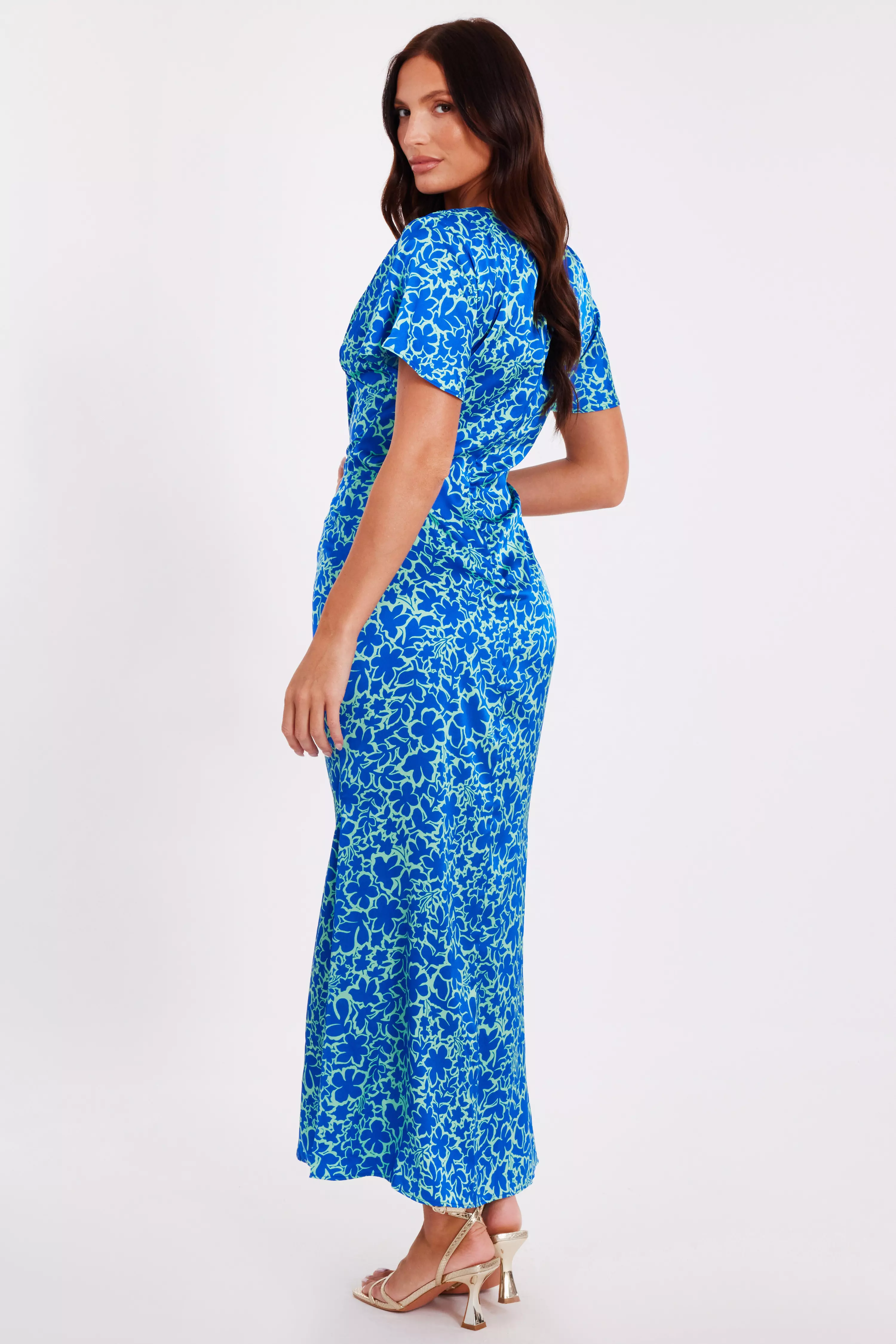 Blue Satin Floral Midaxi Dress