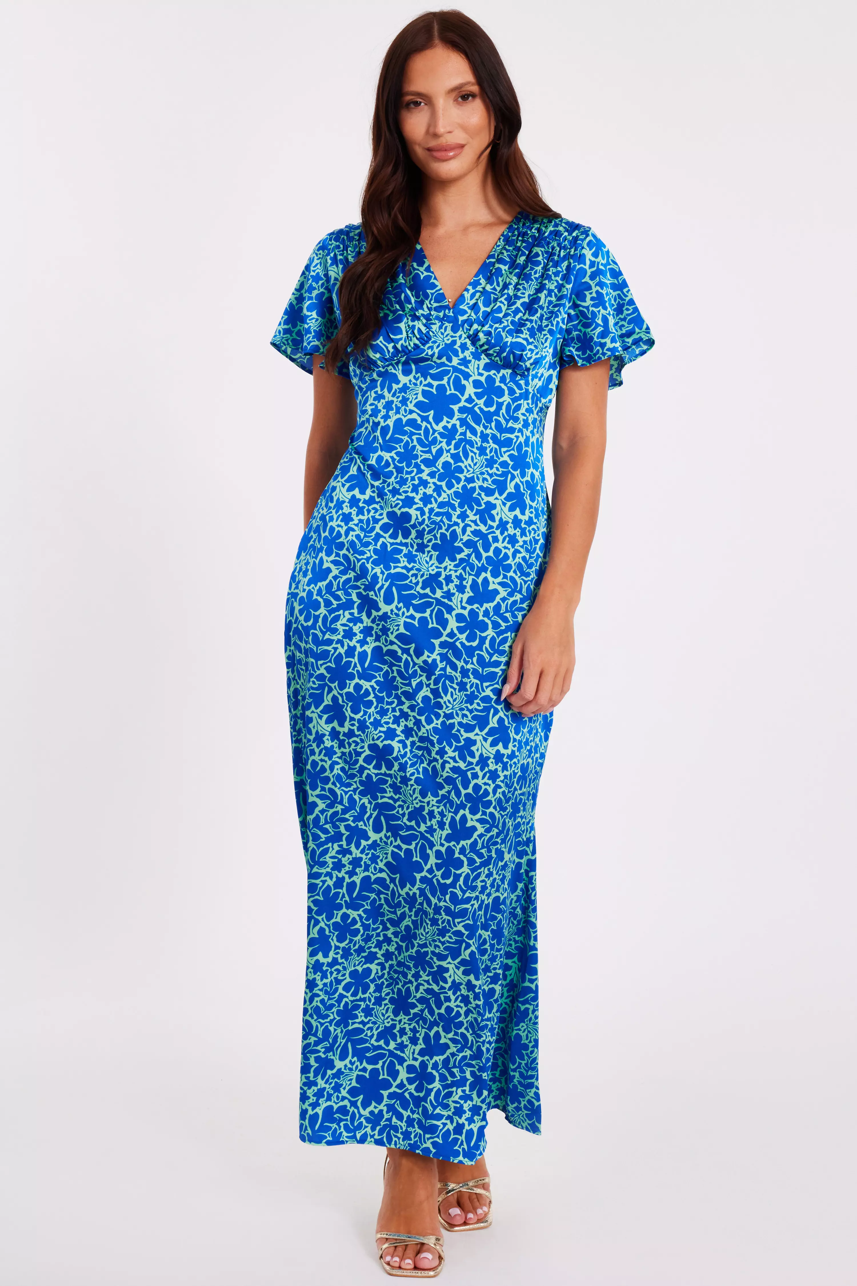Blue Satin Floral Midaxi Dress