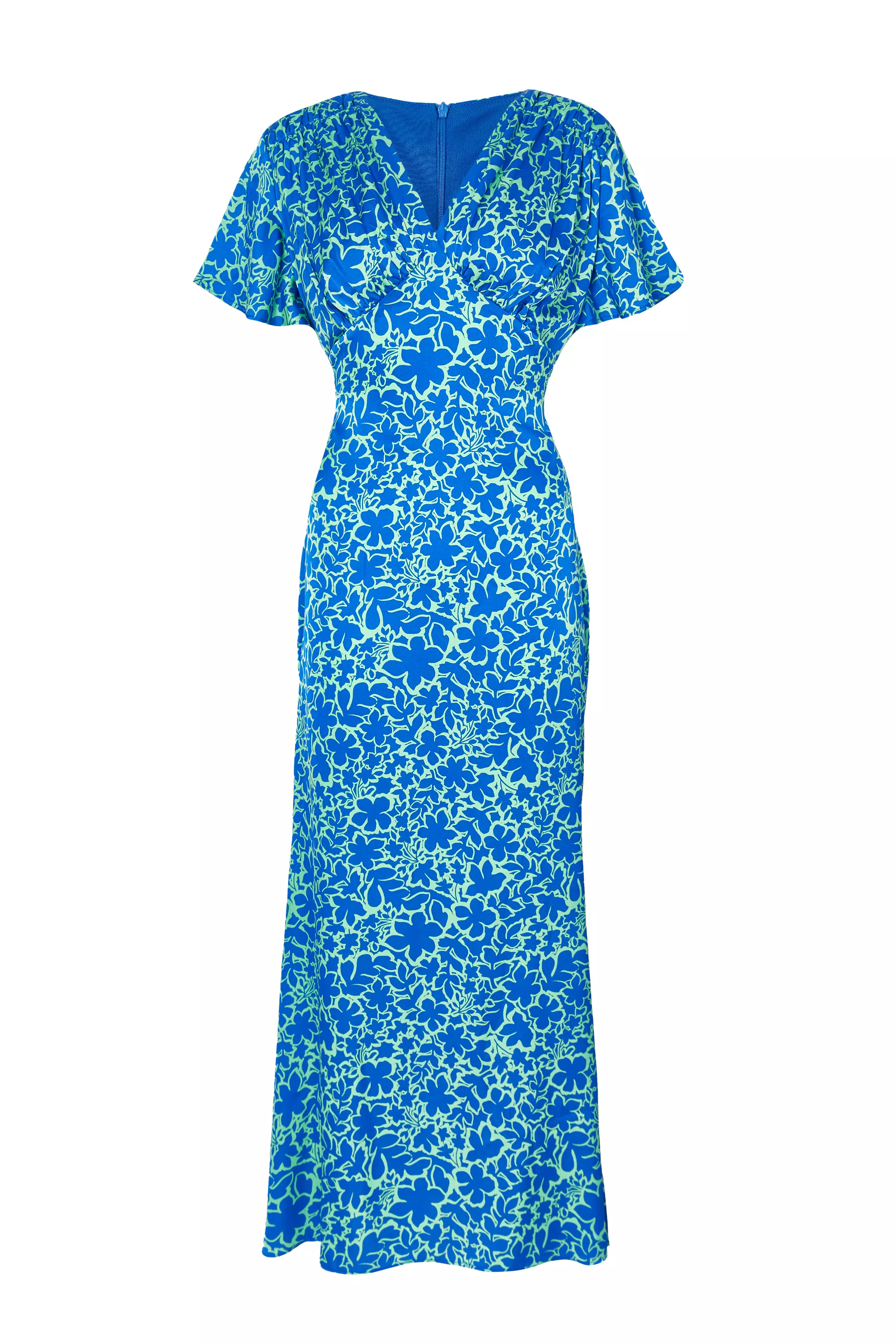 Blue Satin Floral Midaxi Dress