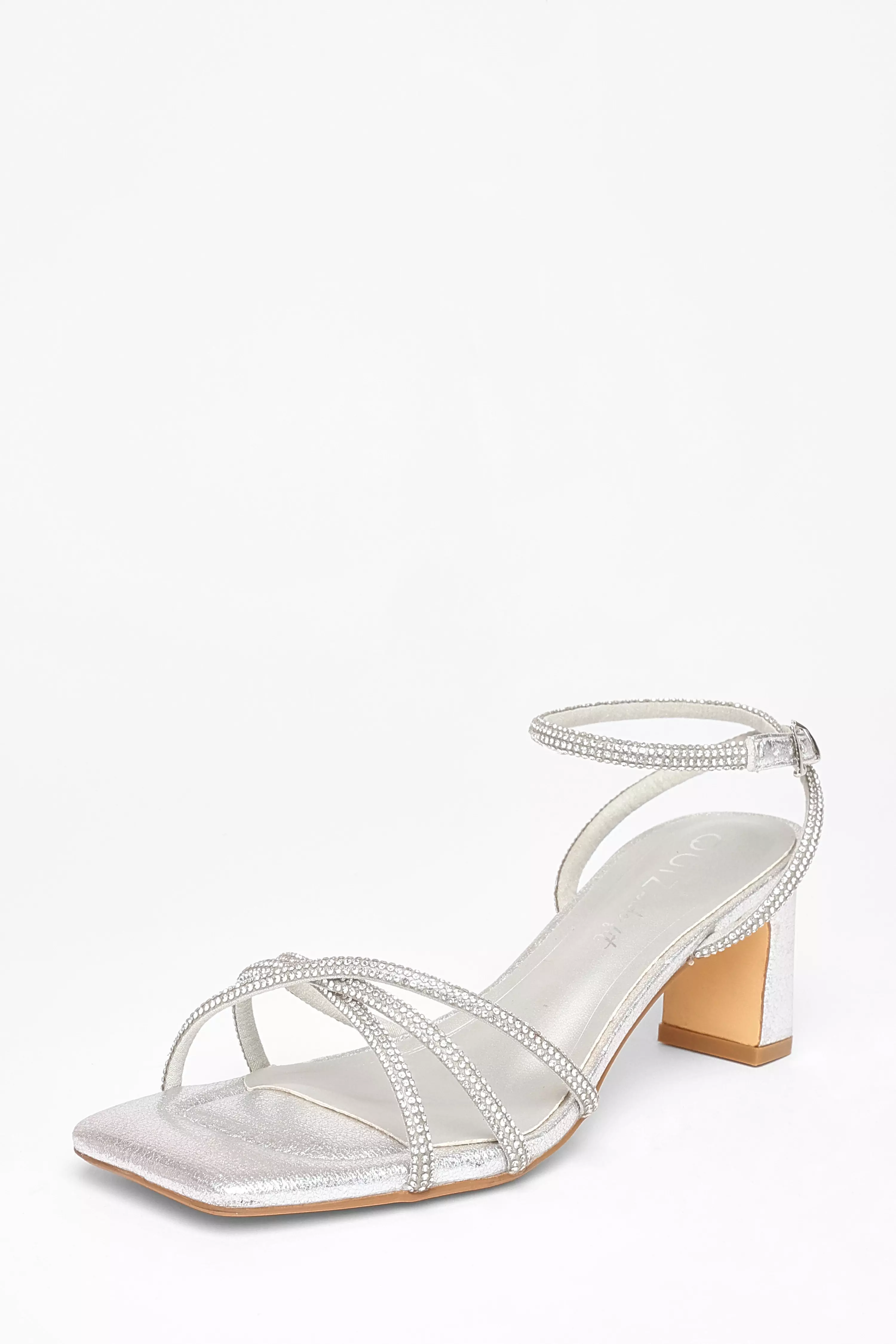 Wide Fit Silver Diamante Strap Block Heels