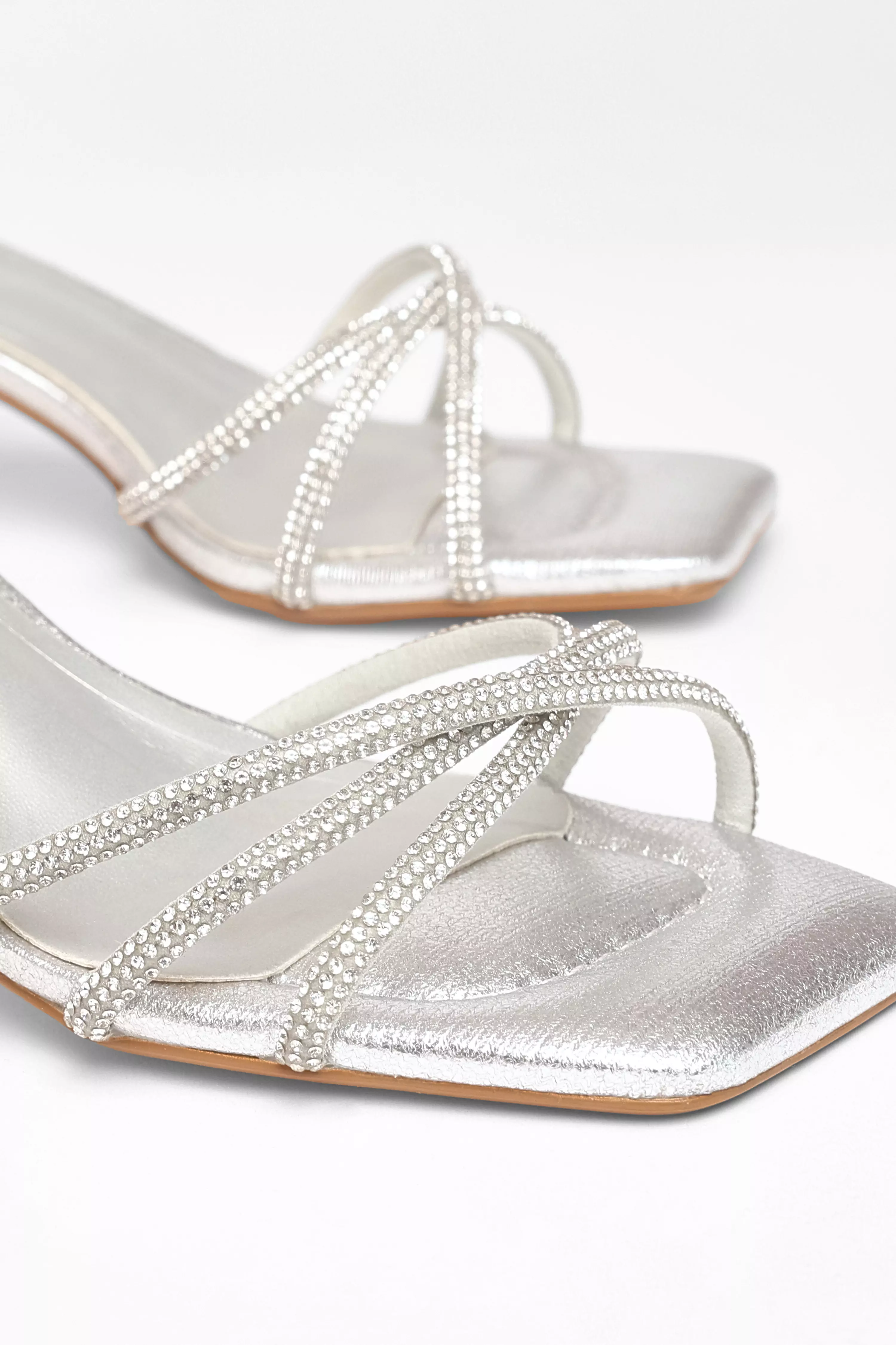 Wide Fit Silver Diamante Strap Block Heels