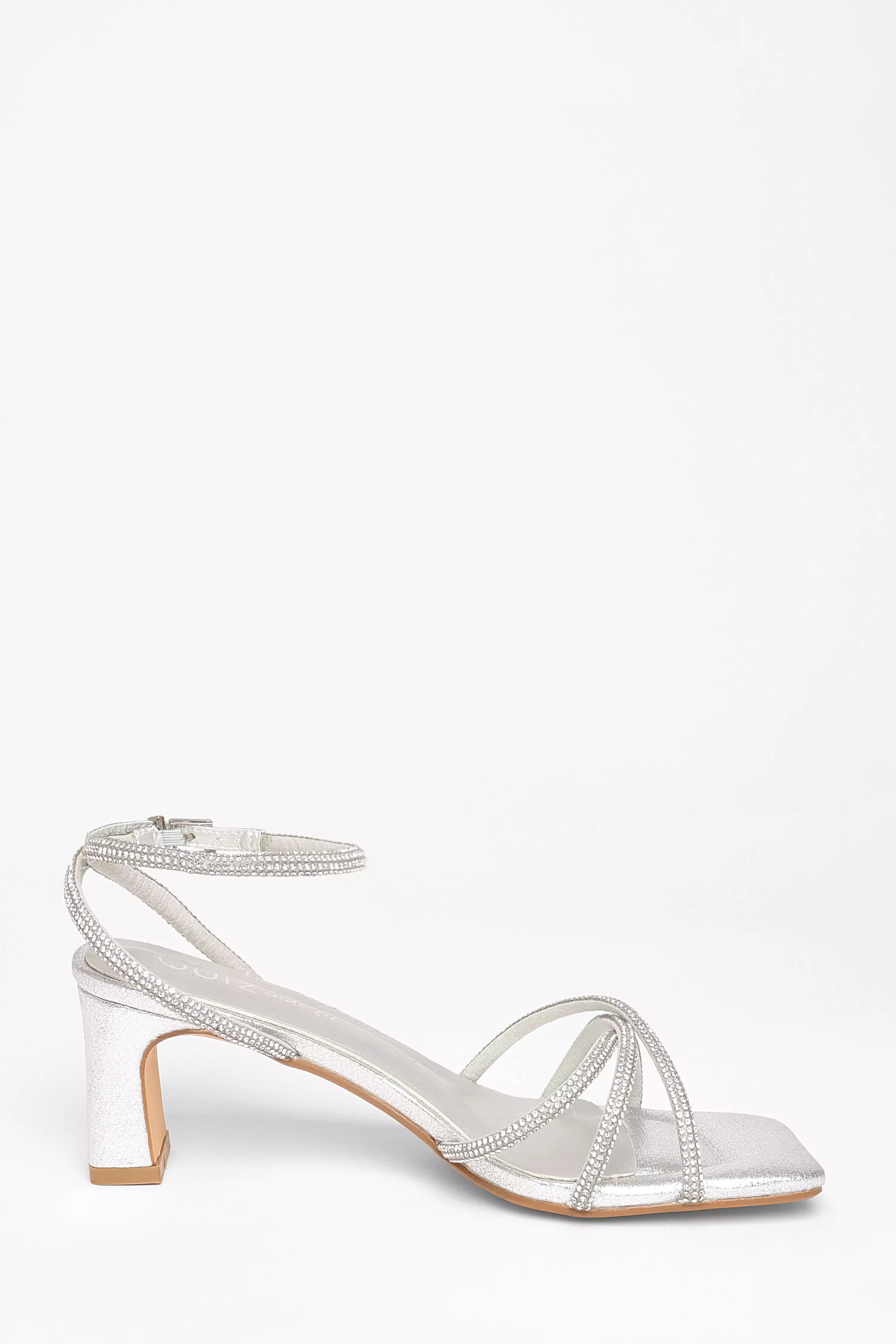 Wide Fit Silver Diamante Strap Block Heels